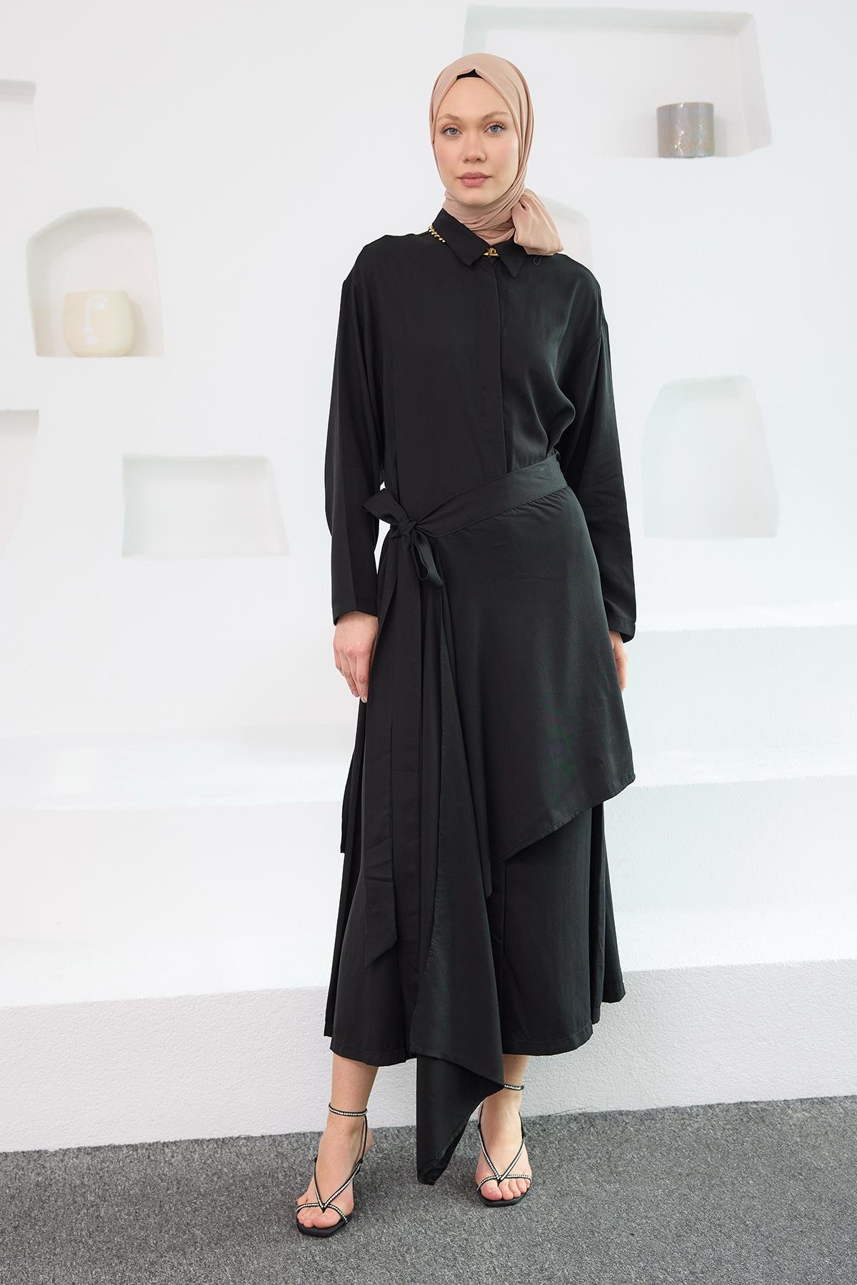 Eteği Bağlamalı Elbise Siyah