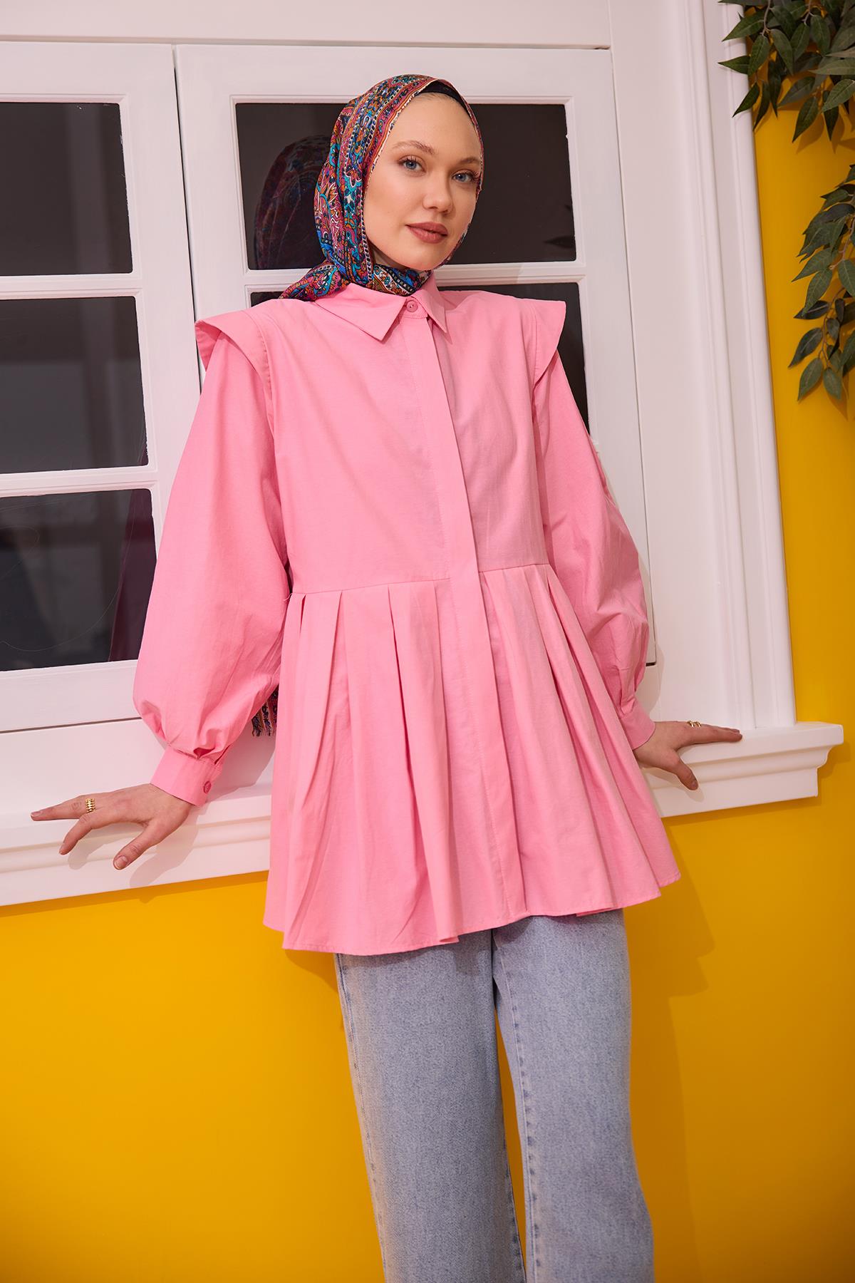 Eteği Pile Detaylı Gömlek  Pembe