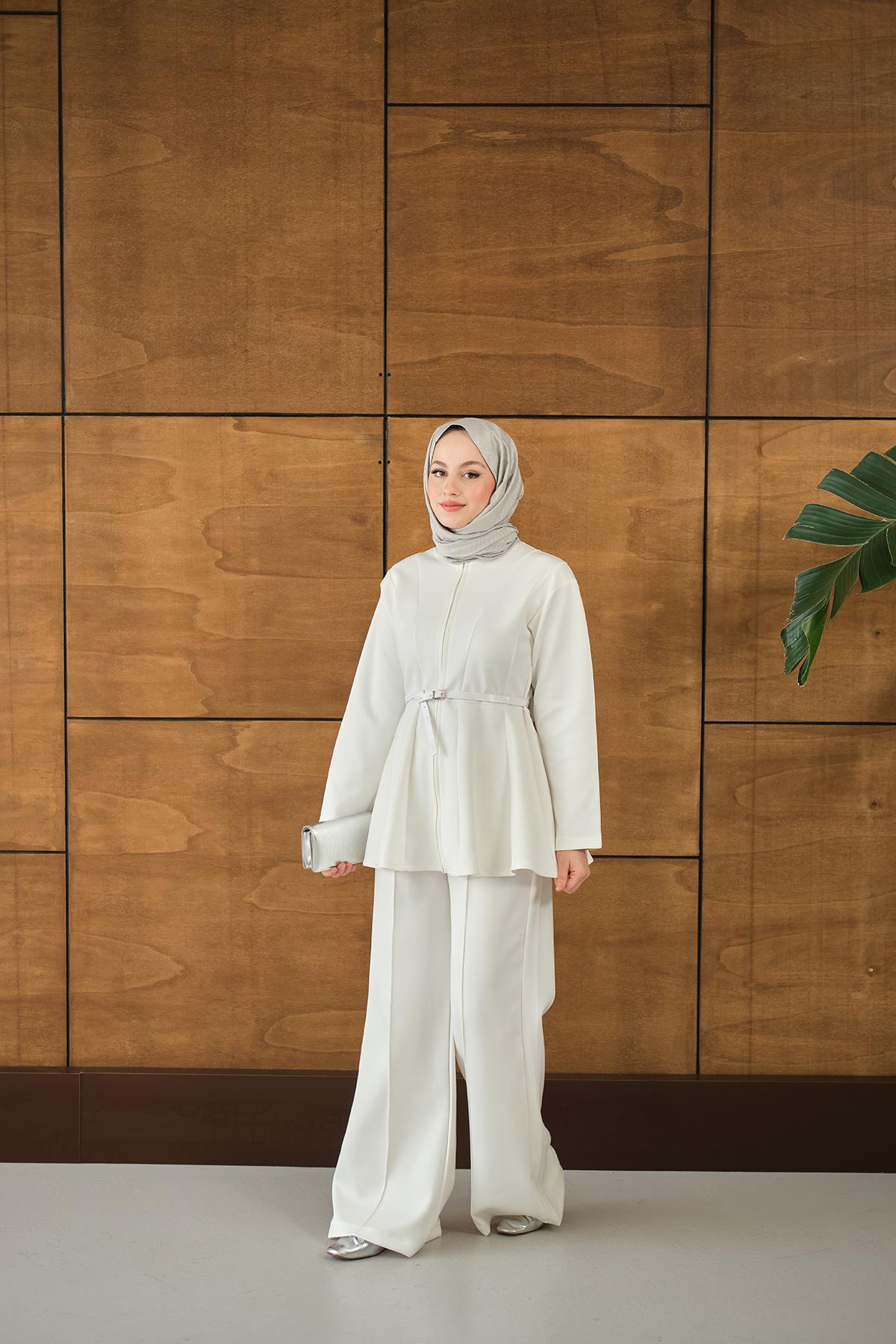 Fermuarlı Scuba Takım Ekru