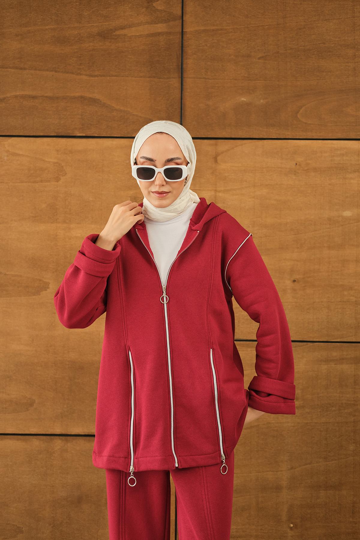 Fermuar Detaylı İkili Takım Kırmızı