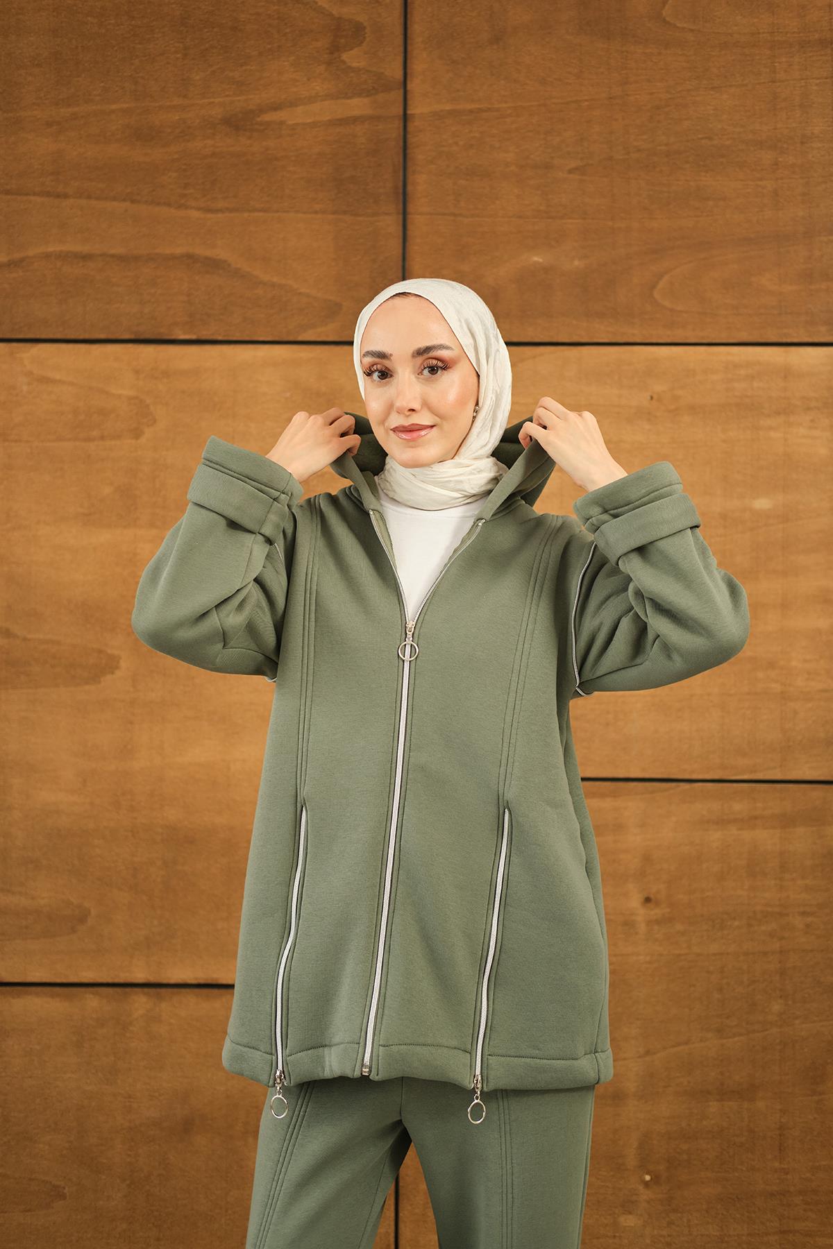 Fermuar Detaylı İkili Takım Yeşil