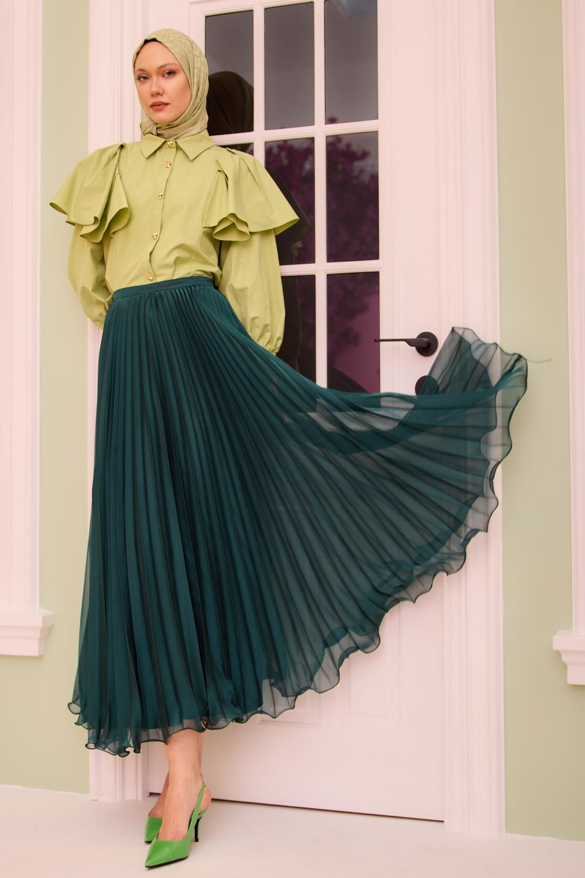 Fermuar Detaylı Şifon Etek Yeşil