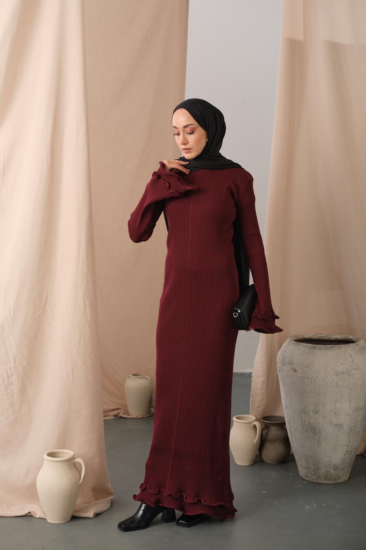 Fırfır Detay Elbise Bordo