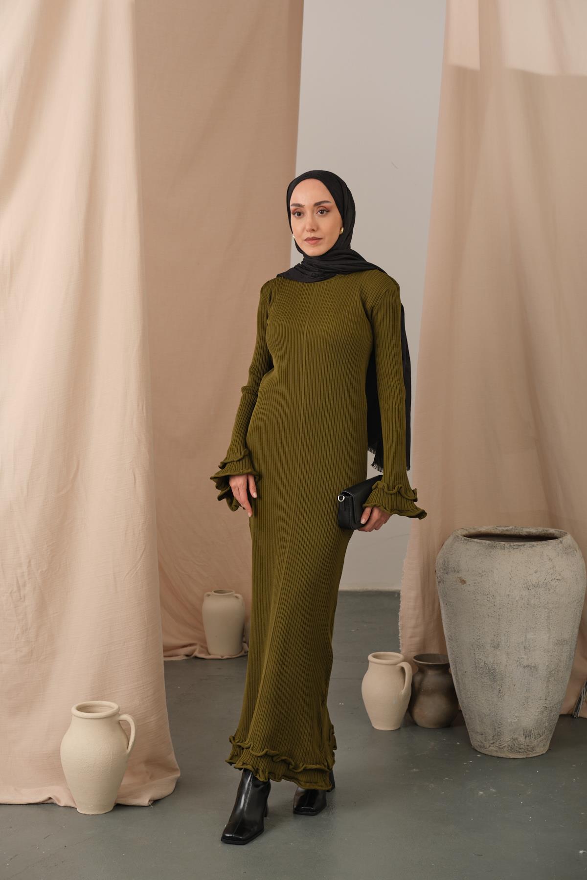 Fırfır Detay Elbise Yağ Yeşil