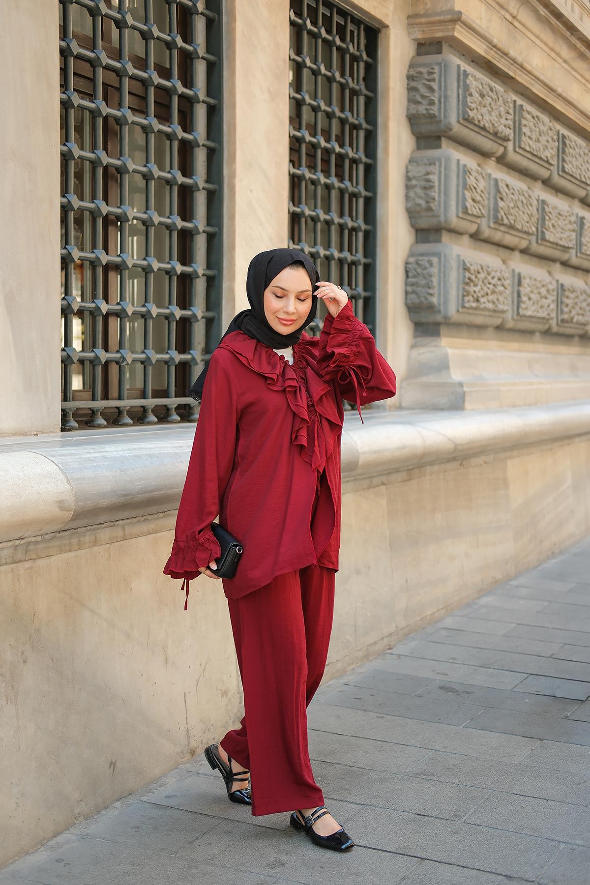 Fırfır Detay İkili Takım Bordo