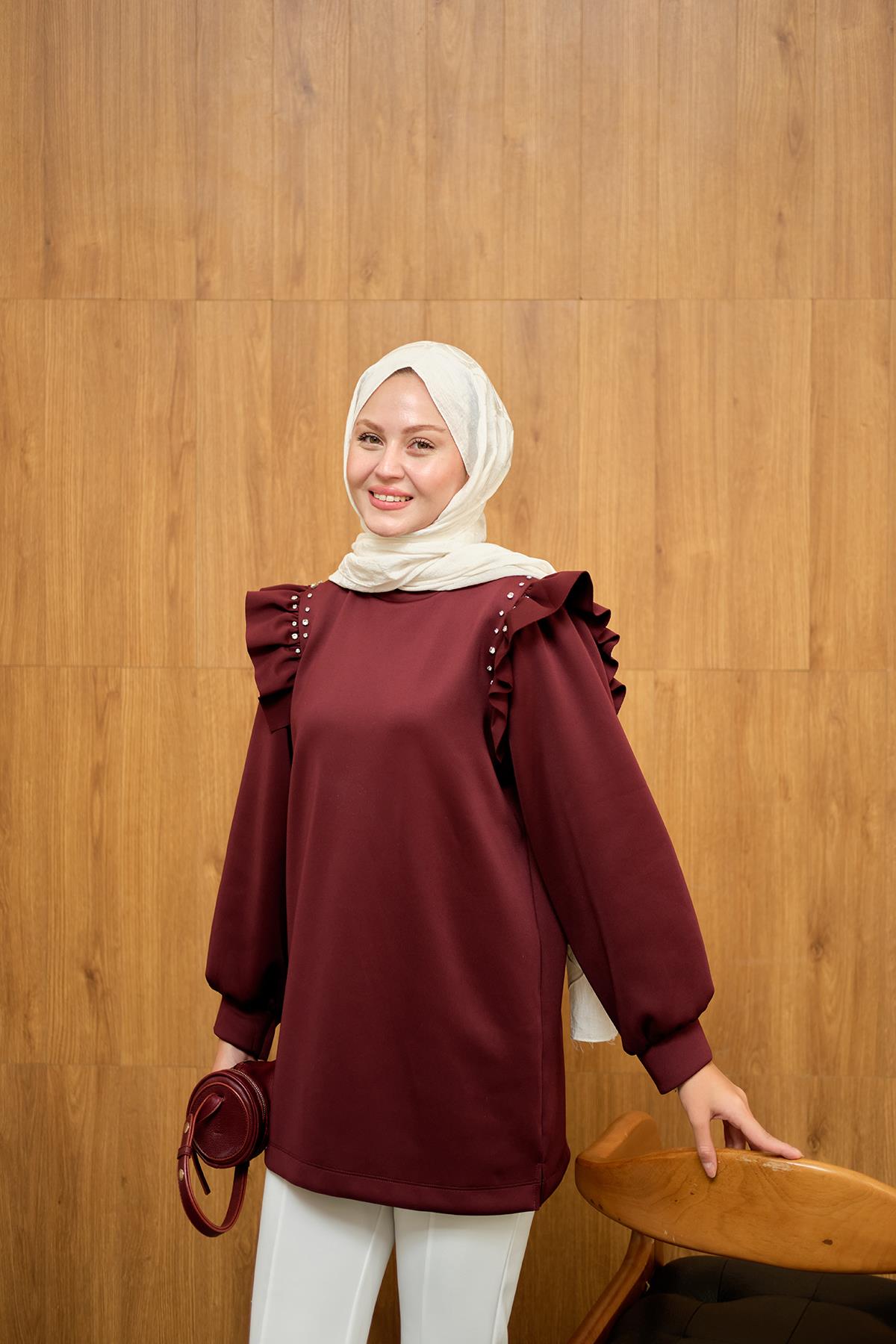 Fırfır Detay Taşlı Tunik Bordo
