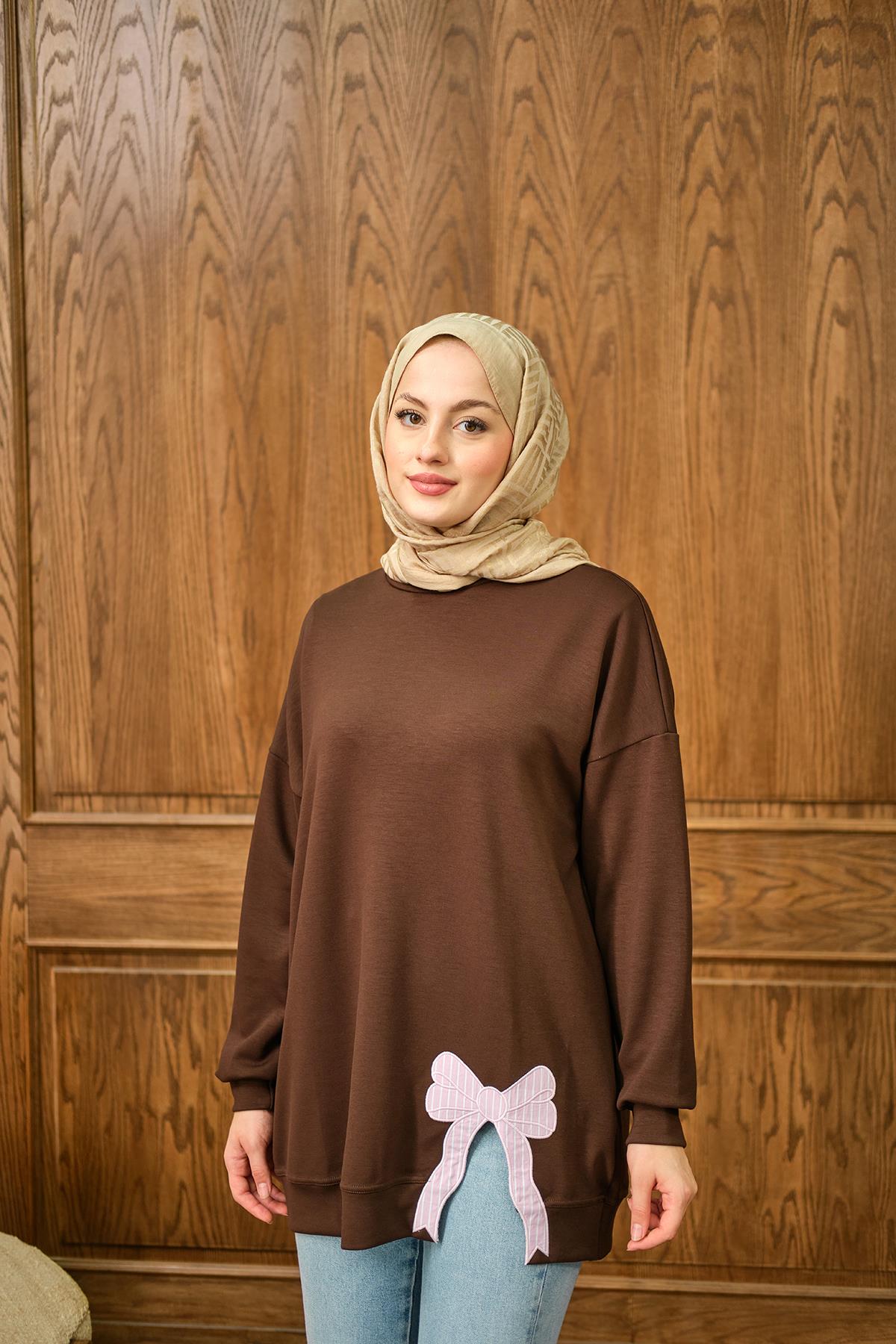 Fiyonk Nakışlı Tunik Kahverengi