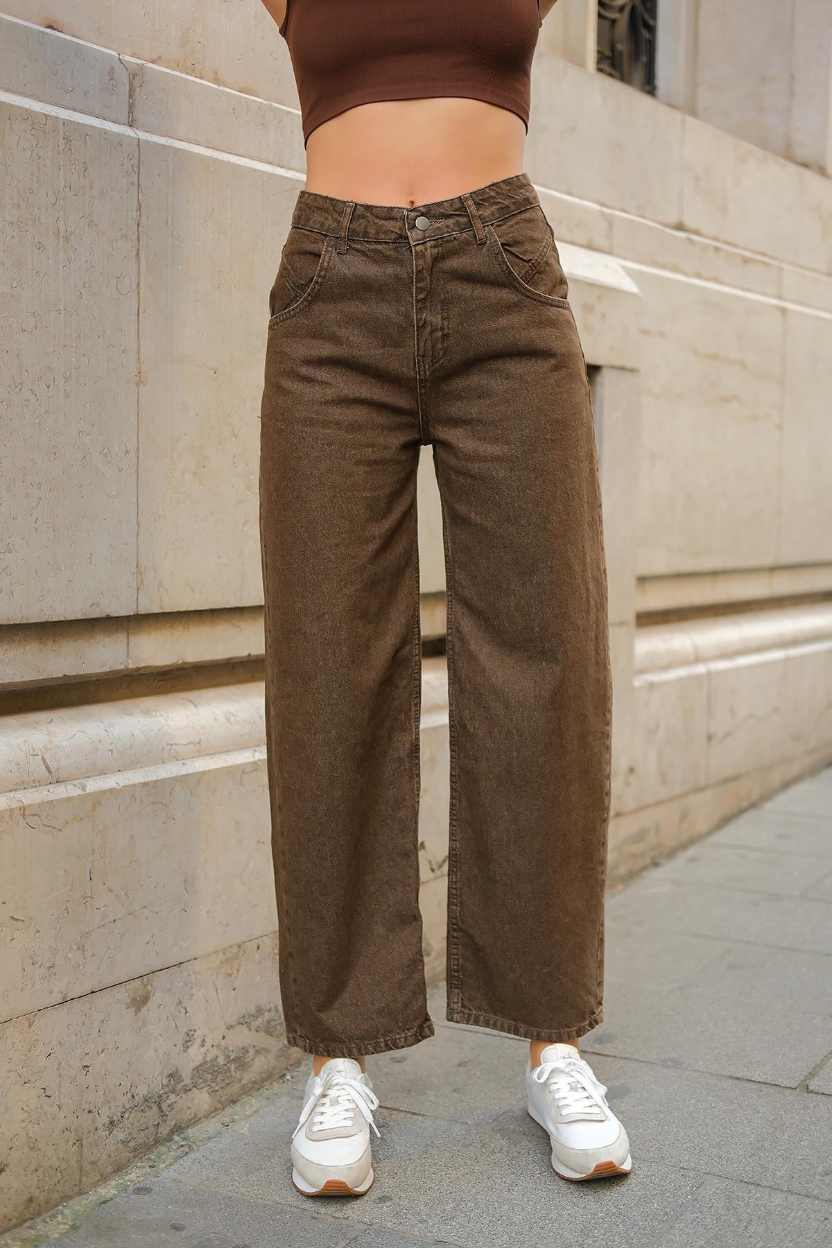Geniş Kesim Kot Pantolon Kahverengi