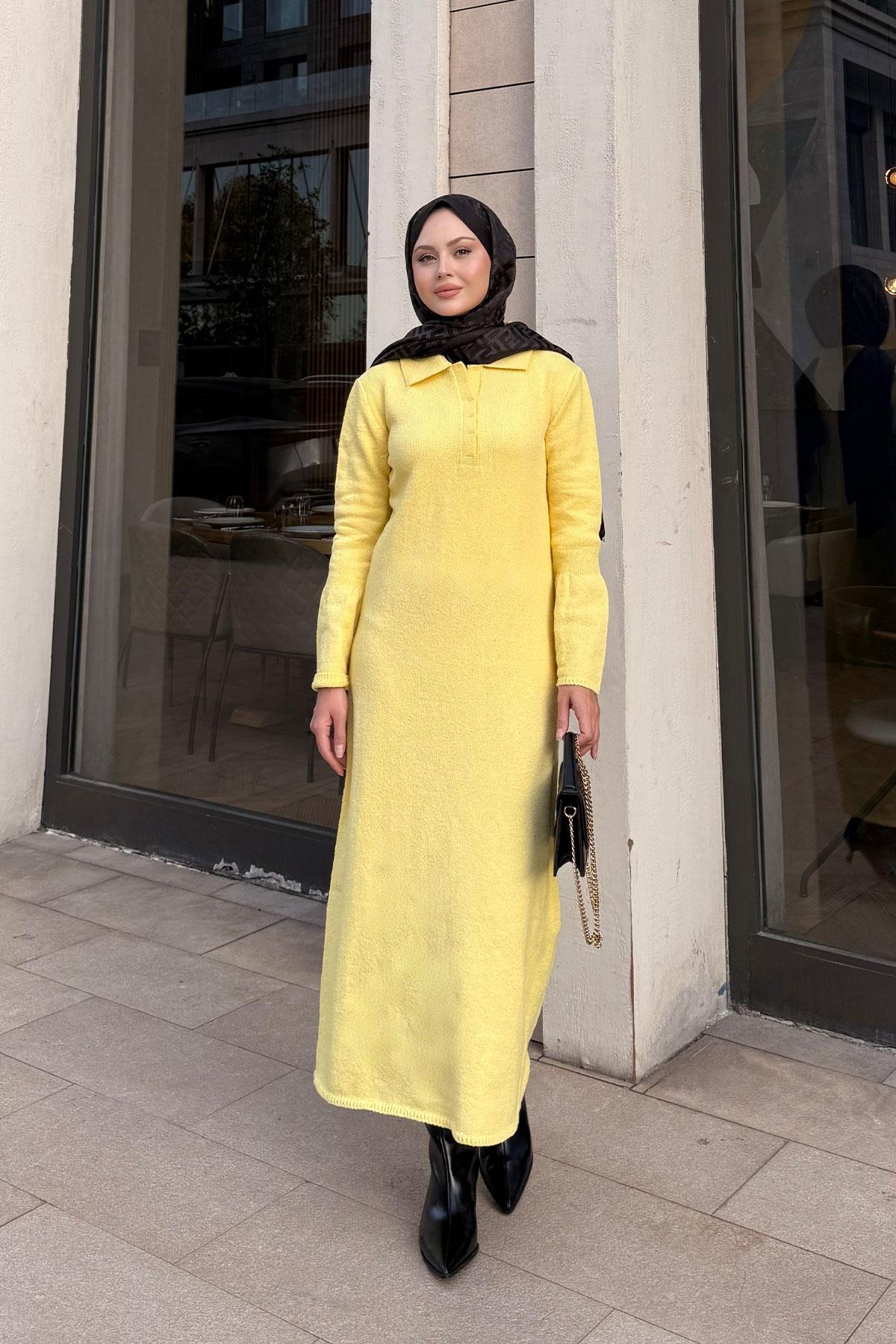 Geniş Kol Triko Elbise Sarı