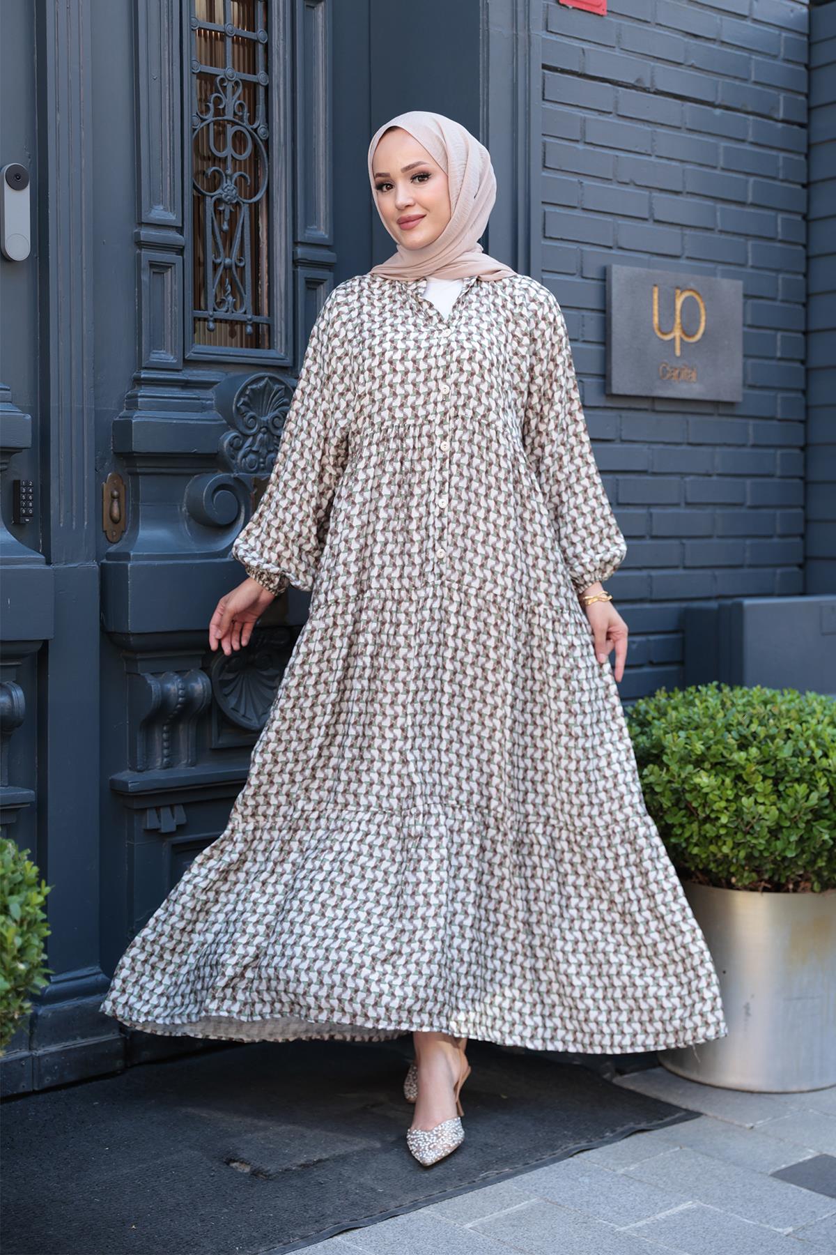 Geometrik Dalgalı Desenli Elbise Haki Yeşil