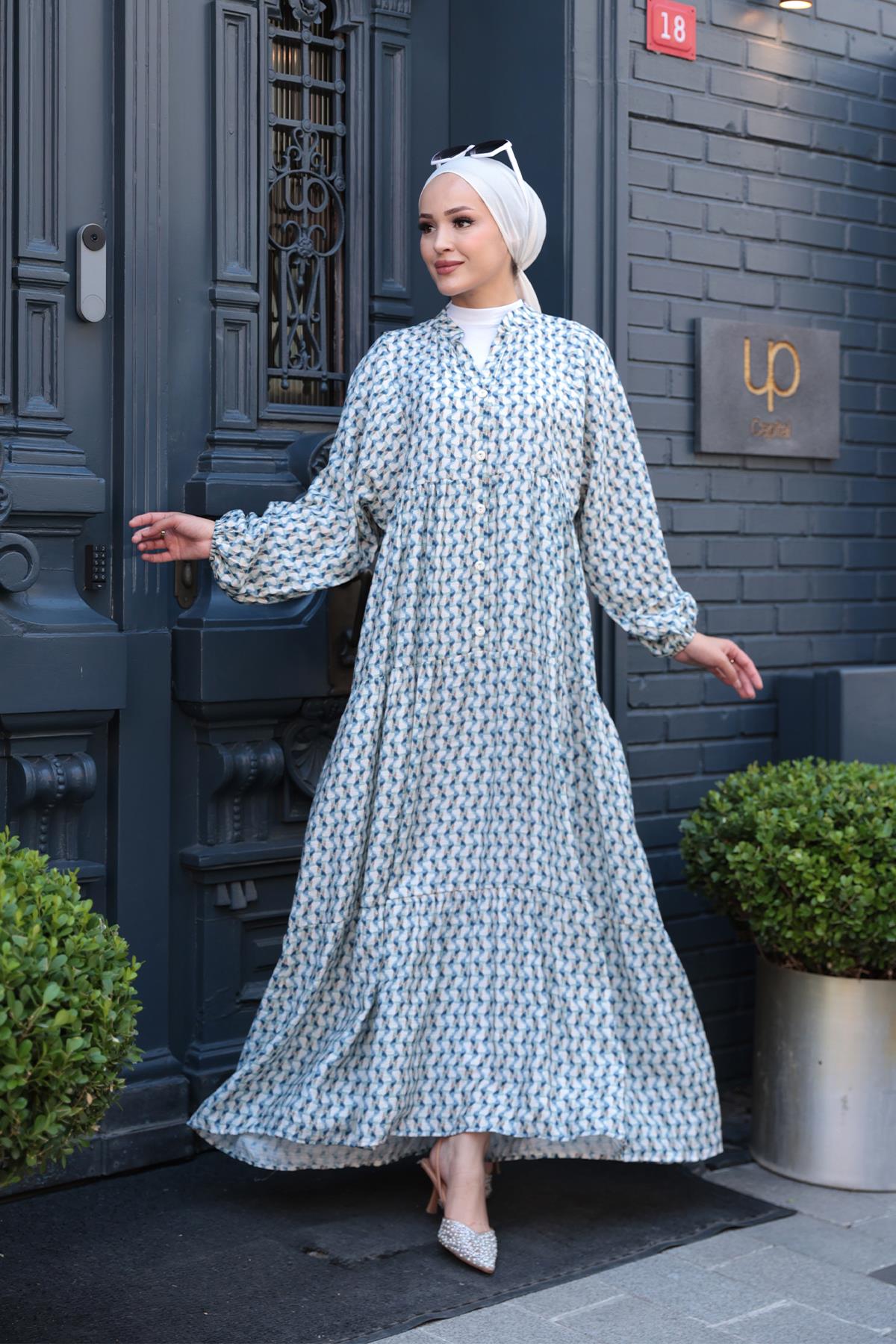 Geometrik Dalgalı Desenli Elbise Mavi