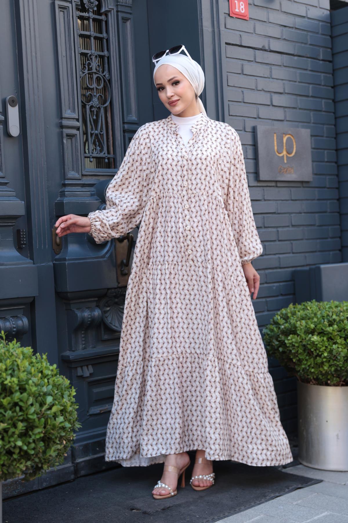 Geometrik Dalgalı Desenli Elbise Vizon