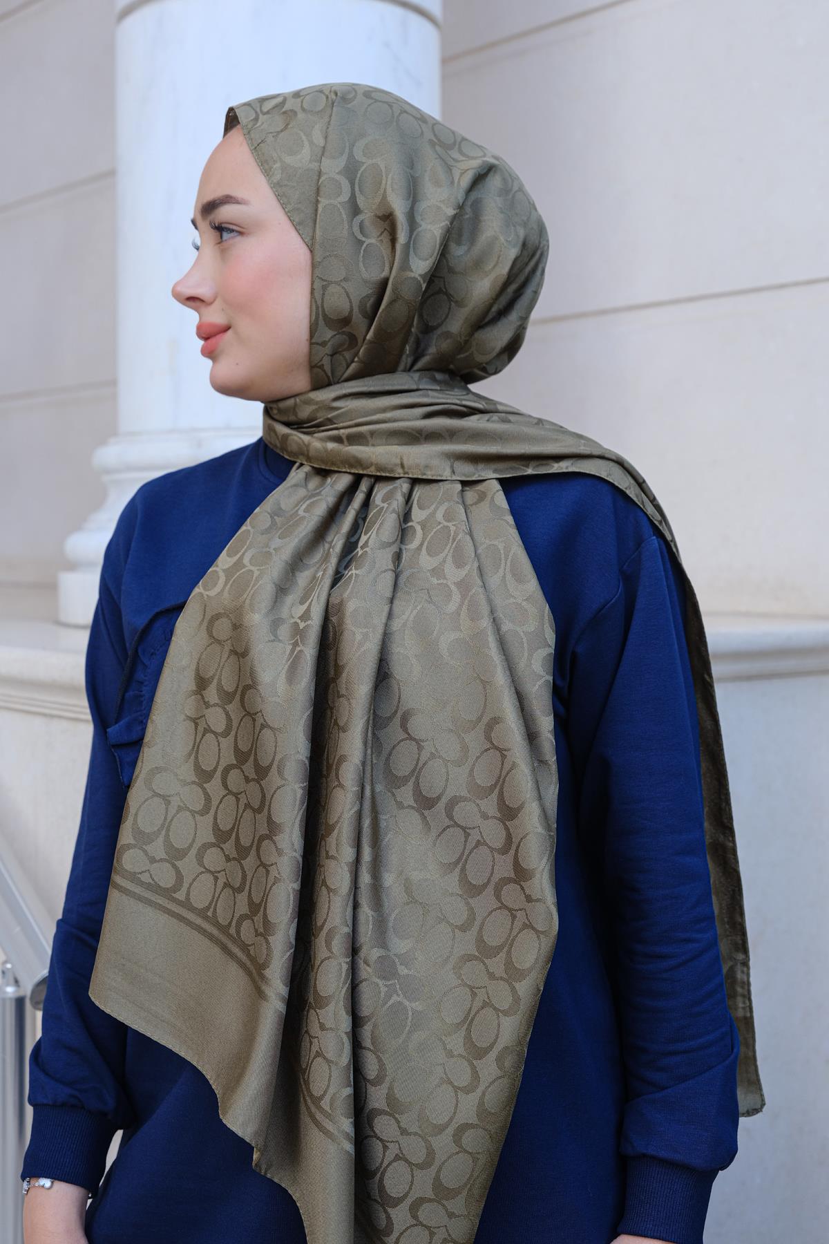 Geometrik Desen Jakar Şal Haki Yeşil