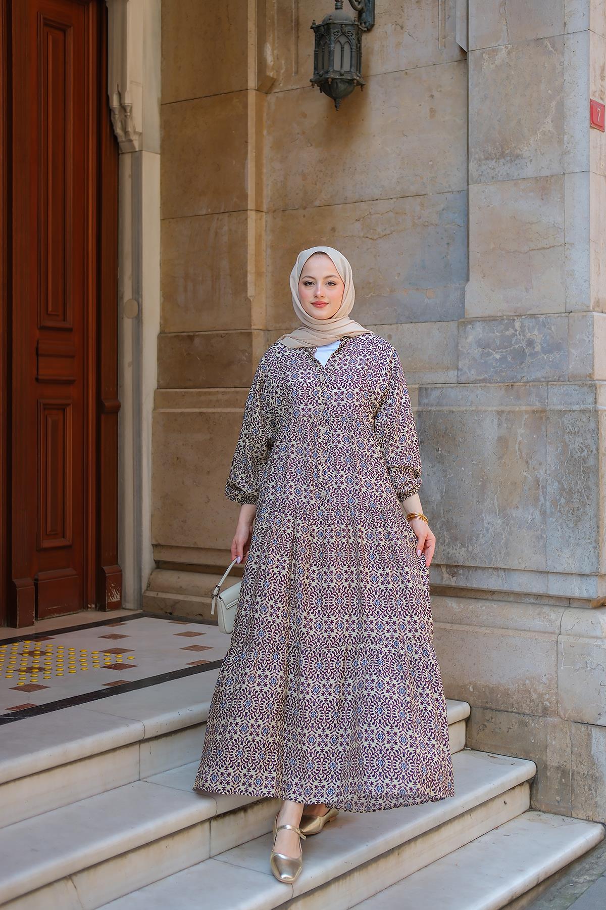 Geometrik Motif Desen Elbise Krem