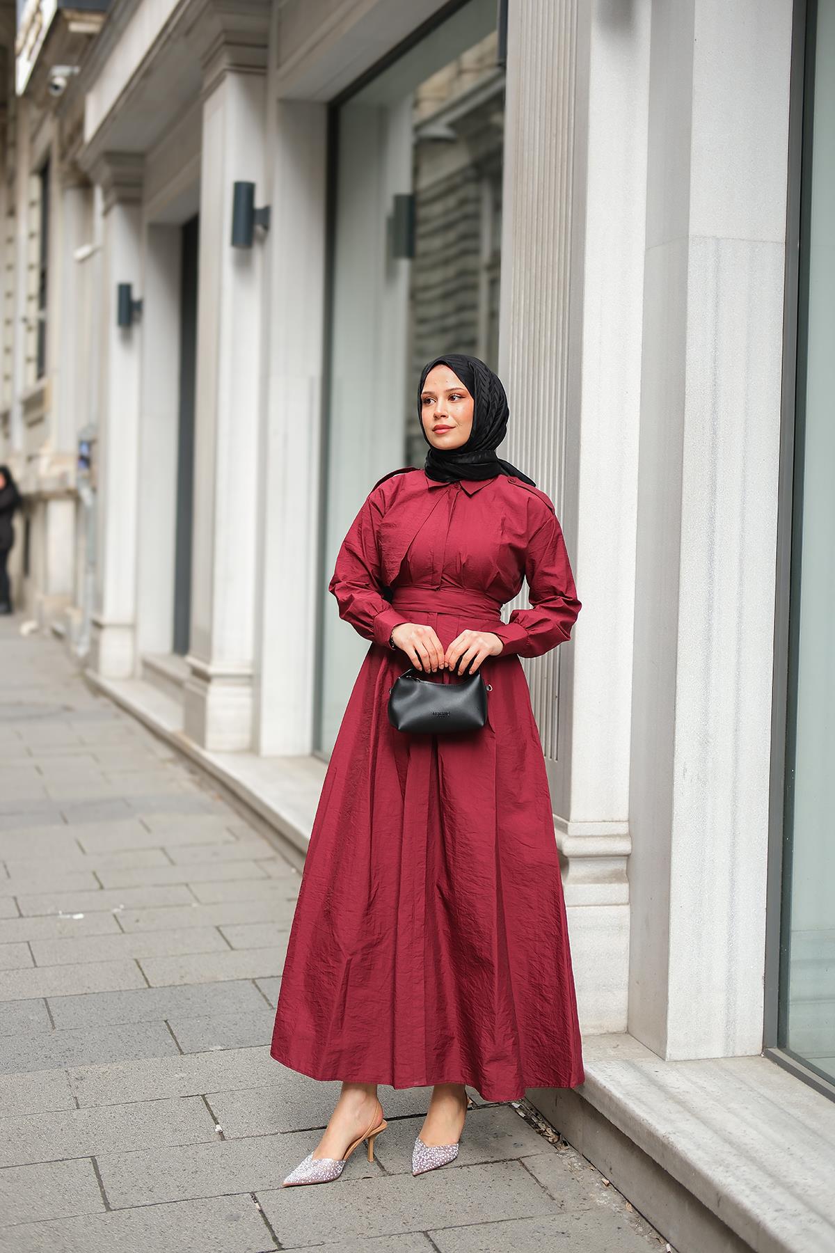 Gizli Düğmeli Apolet Detay Elbise Bordo