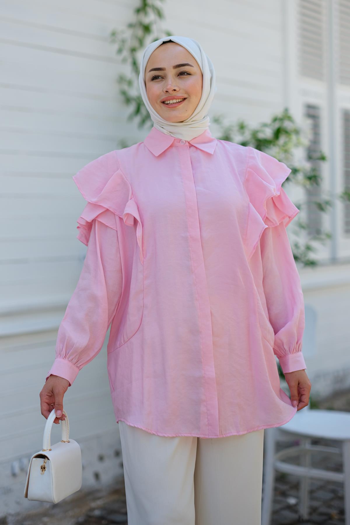 Gizli Düğmeli Püskül Detay Gömlek Pembe