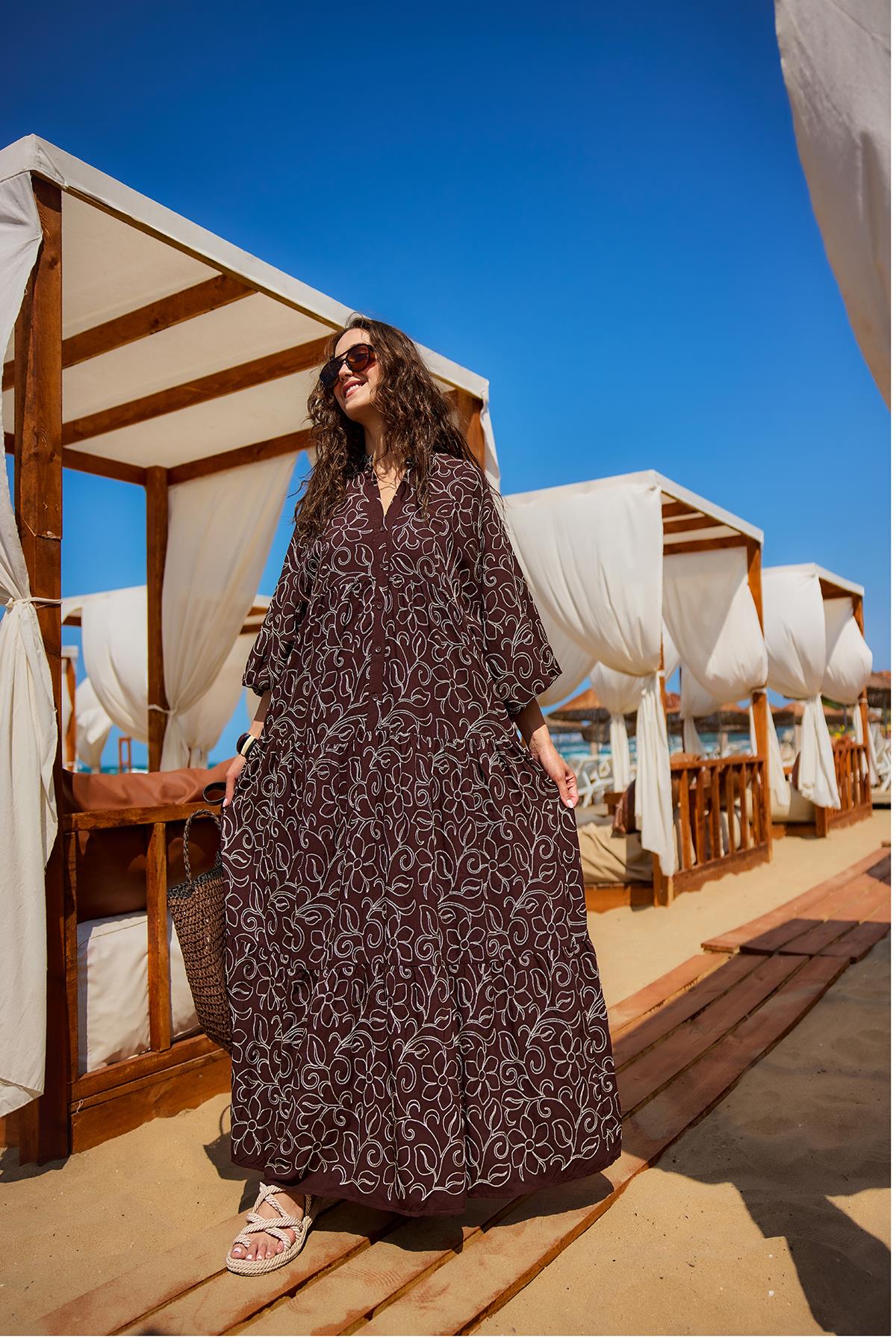 Gold Çicek Nakışlı Elbise Kahverengi