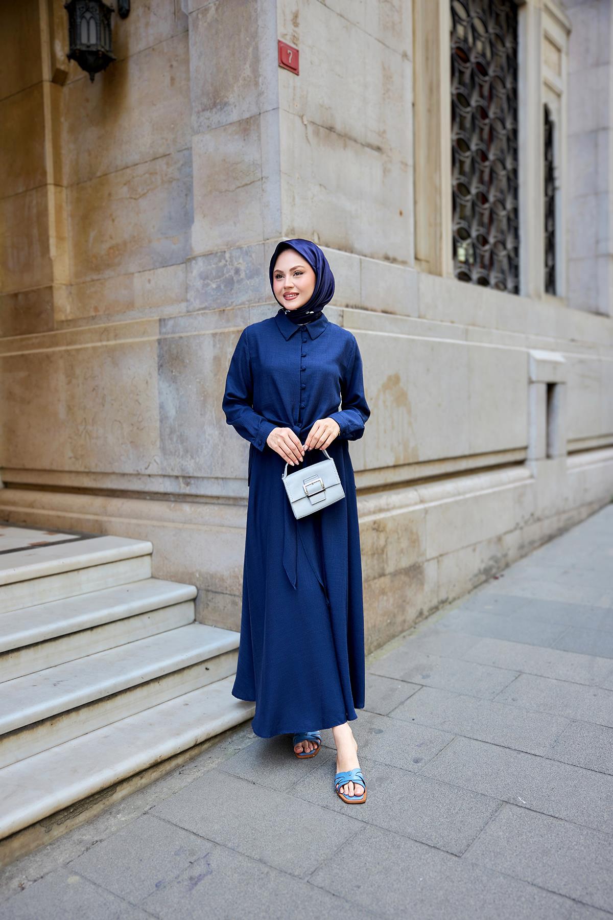 Gömleği Bağlamalı Keten Takım Lacivert