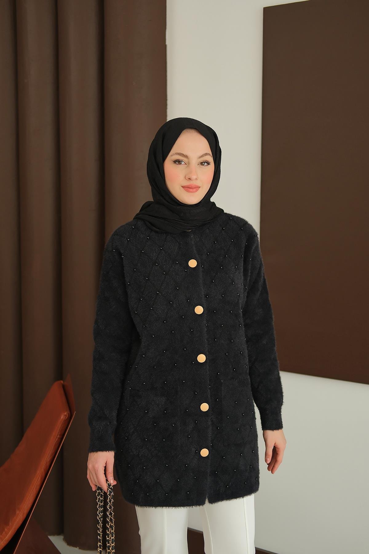 İnci Detaylı Triko Hırka Siyah