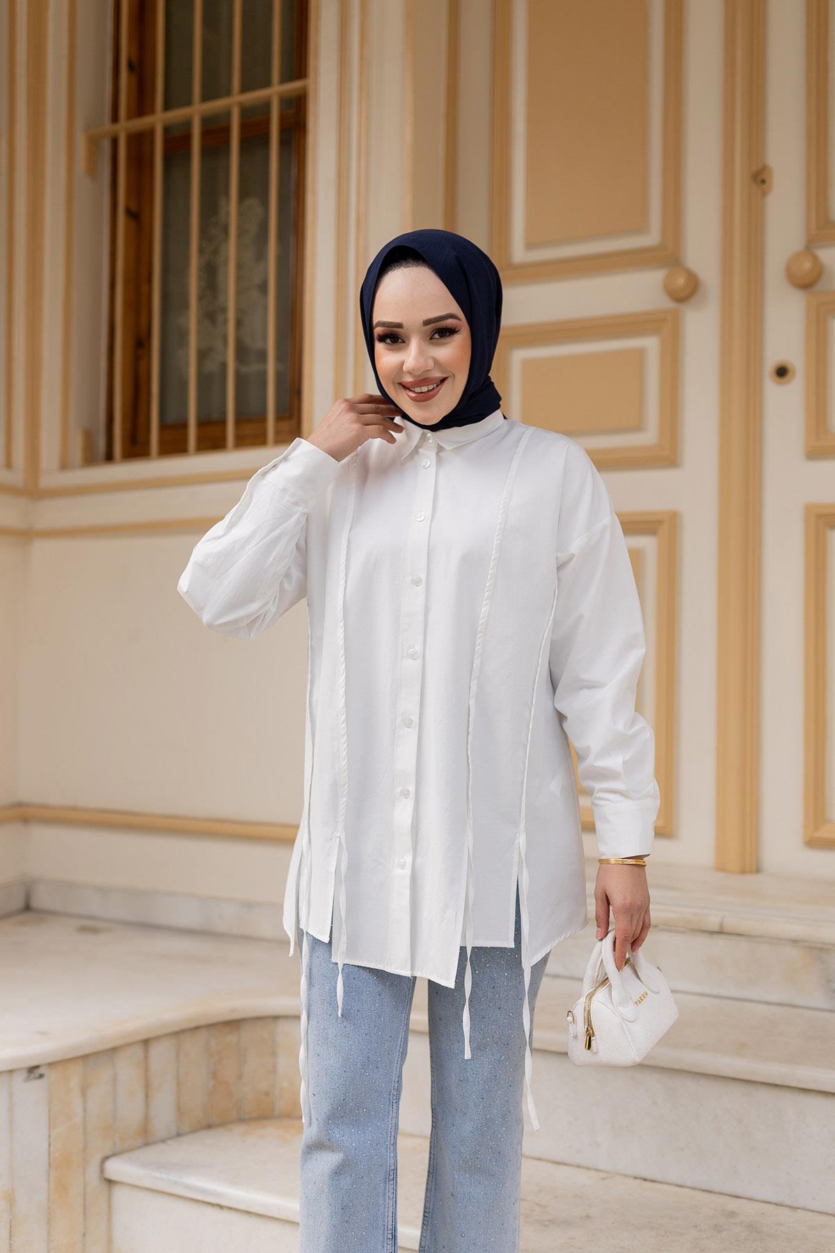 İp Detaylı Yırtmaçlı Gömlek Beyaz