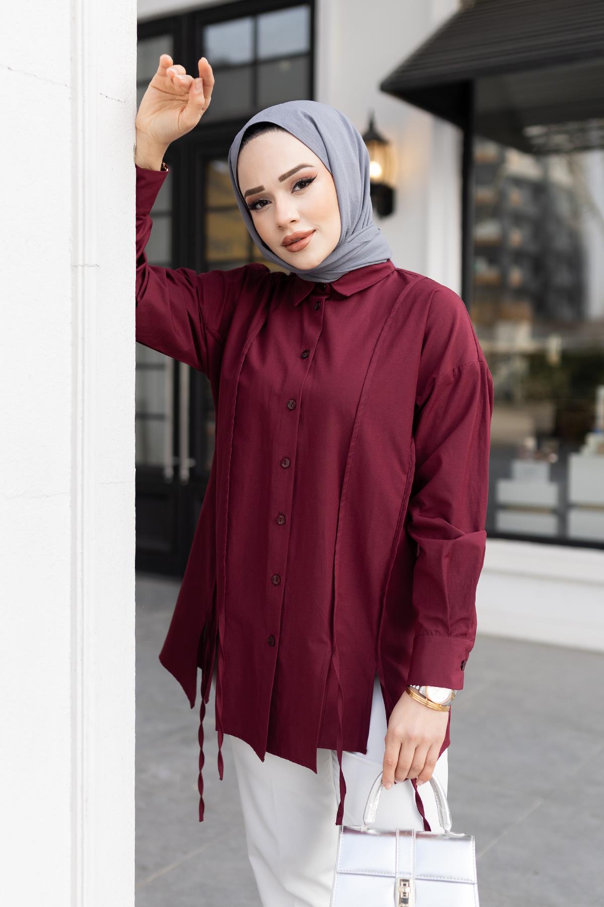 İp Detaylı Yırtmaçlı Gömlek Bordo