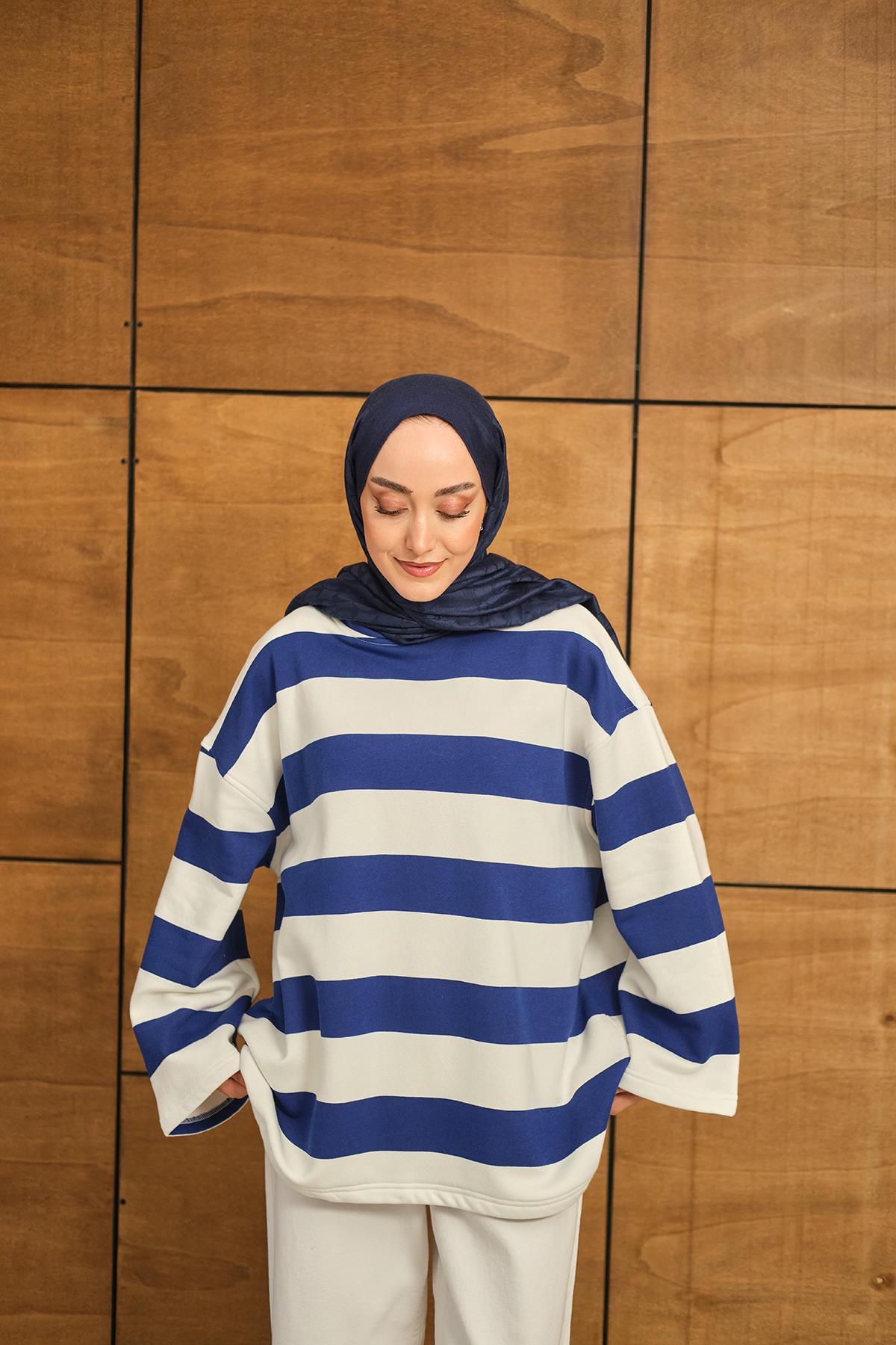 Kalın Çizgili Sweat Lacivert