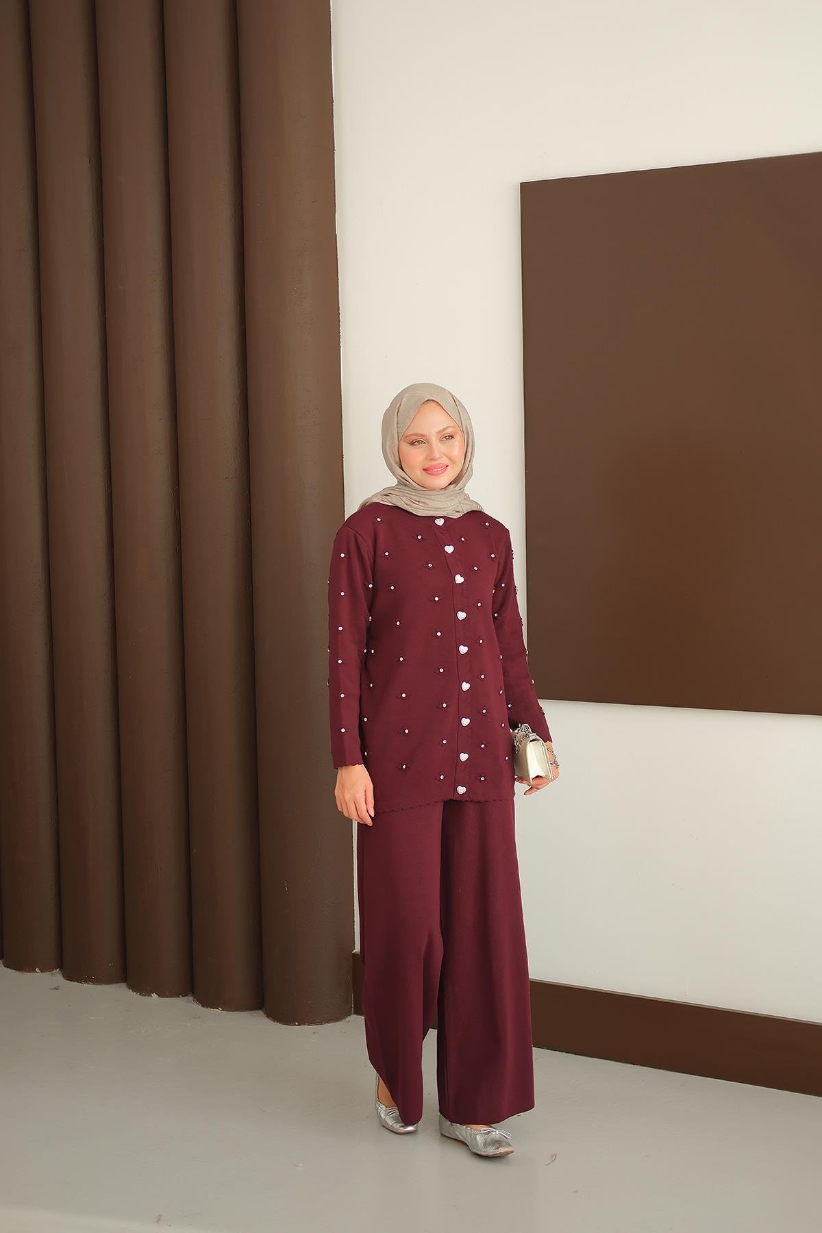 Kalp Düğme Detay Triko Takım Bordo