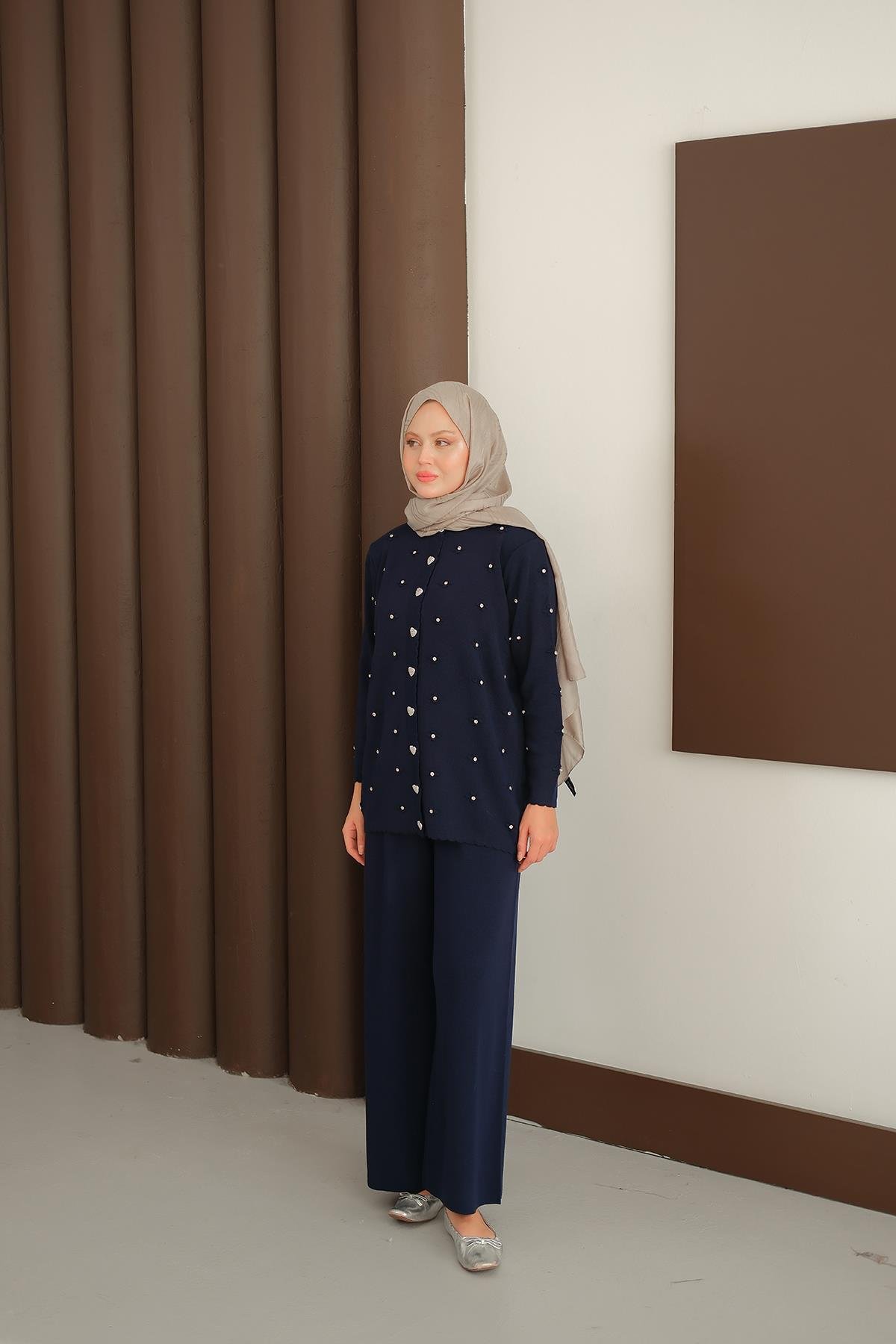 Kalp Düğme Detay Triko Takım Lacivert