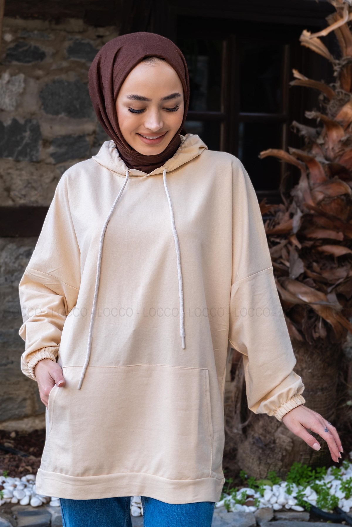 Uygun Fiyatlı KANGURU CEP KAPSONLU TUNIK KREM | Loccomoda.com 