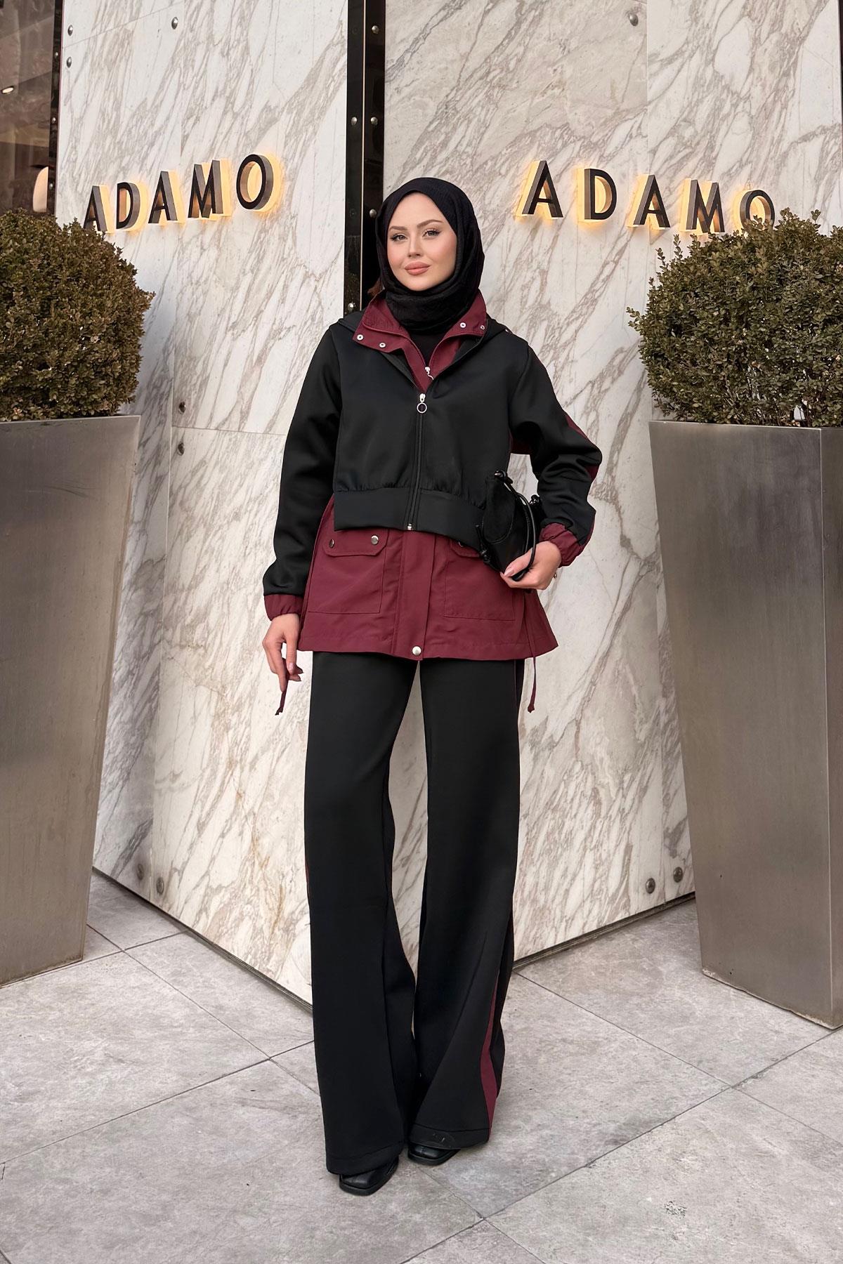 Kapüşonlu Garnili İkili Takım Siyah