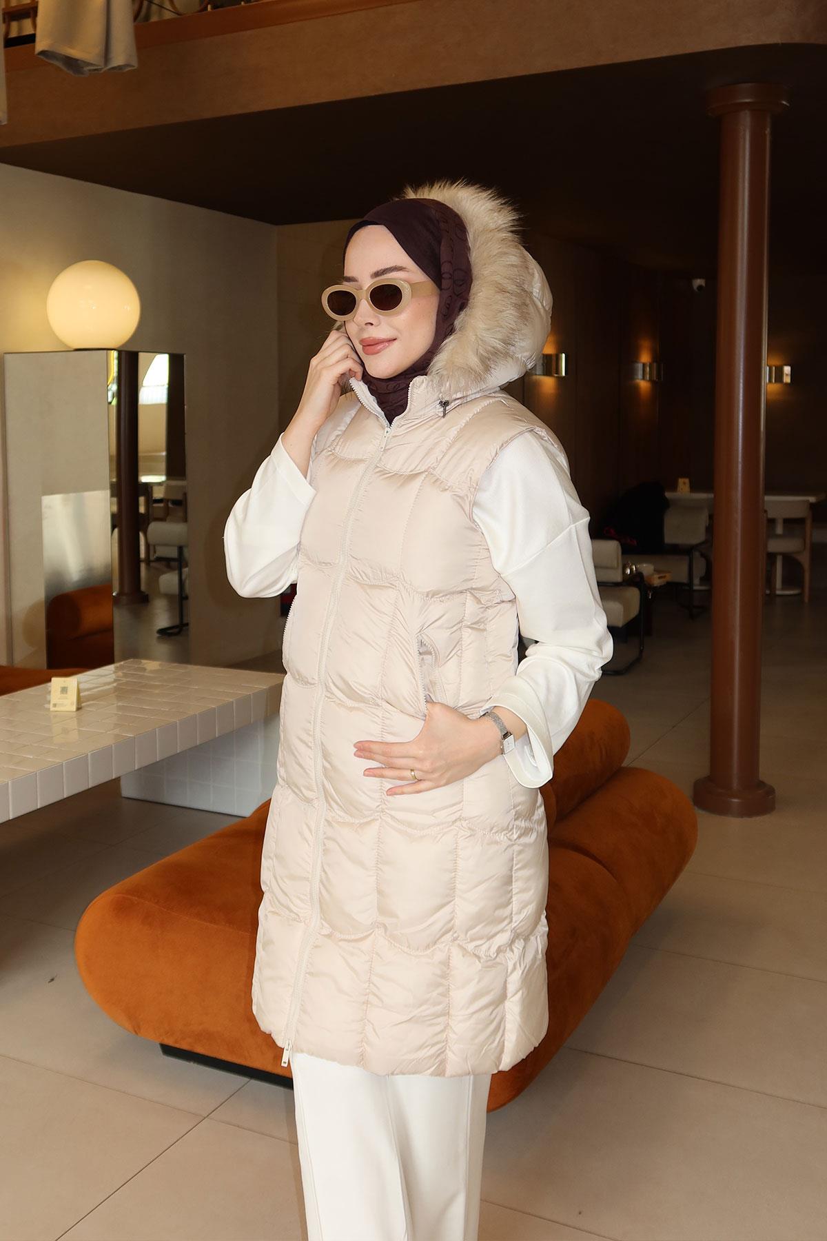 Kapüşonlu Şişme Yelek Krem