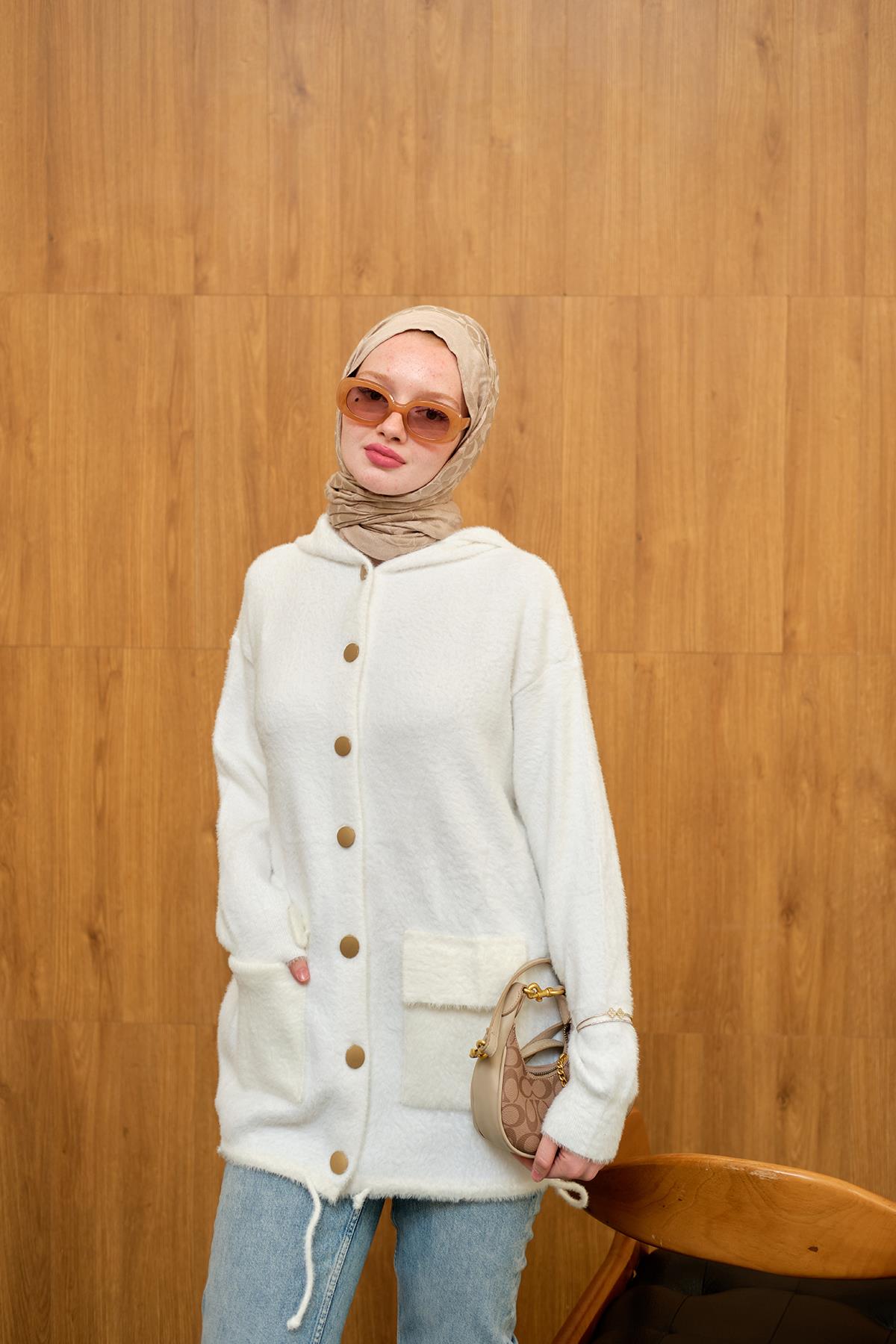 Kapüşonlu Triko Hırka Beyaz