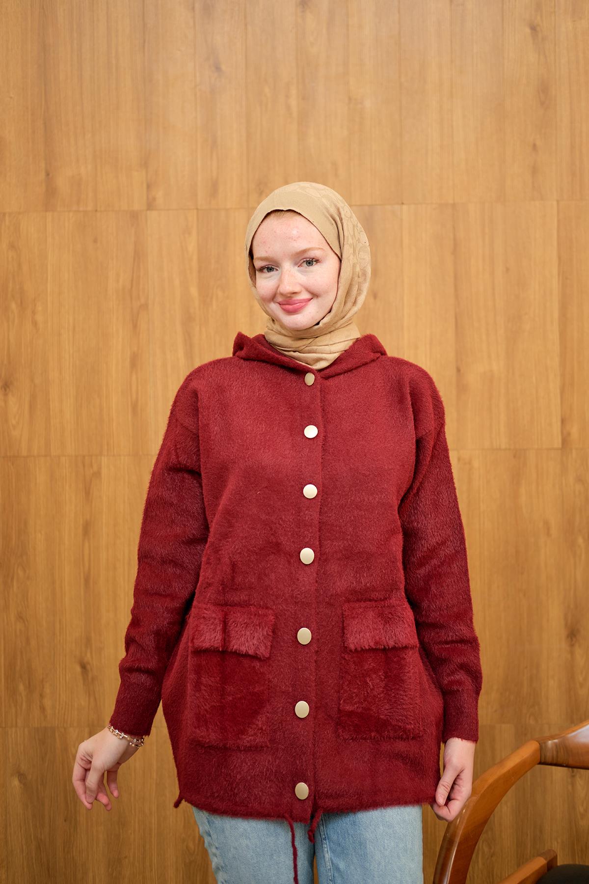 Kapüşonlu Triko Hırka Bordo