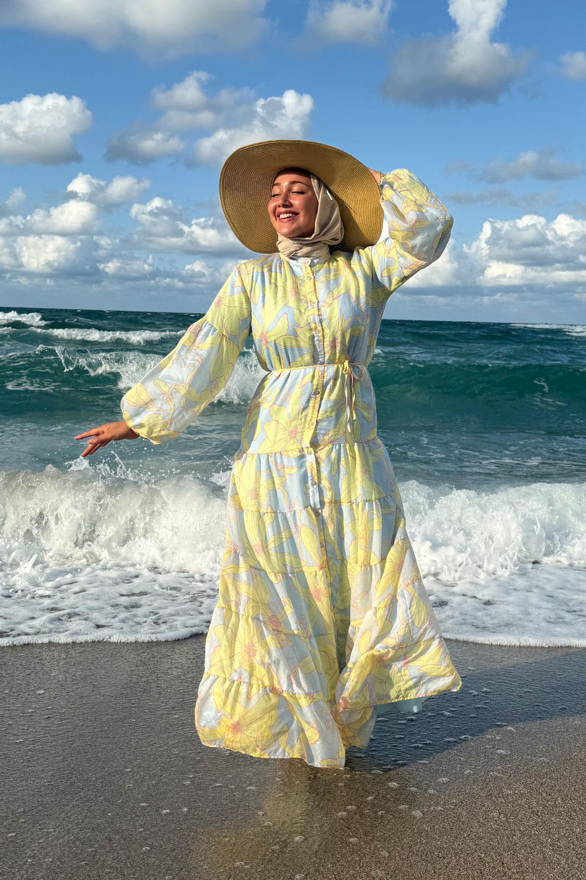 Karışık Çiçek Desen Elbise Mavi