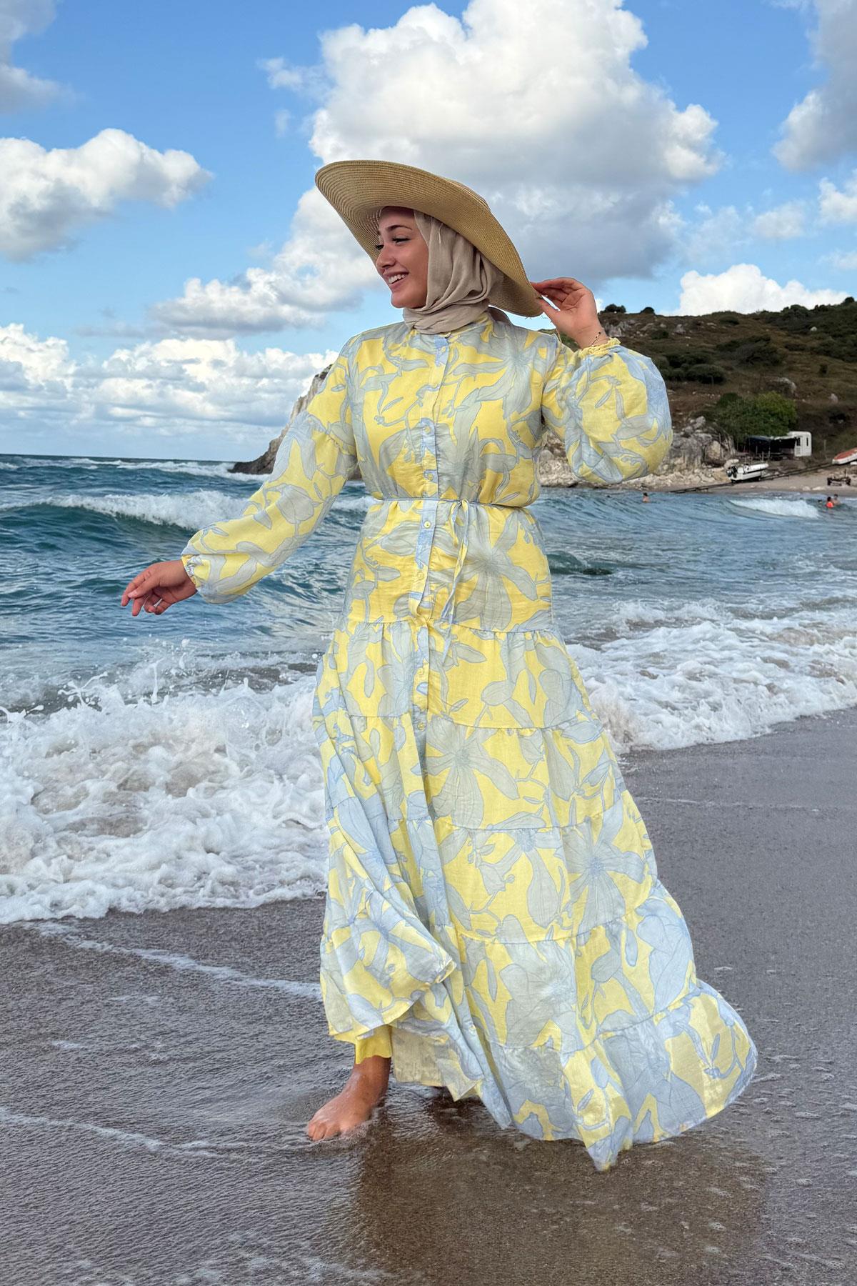 Karışık Çiçek Desen Elbise Sarı