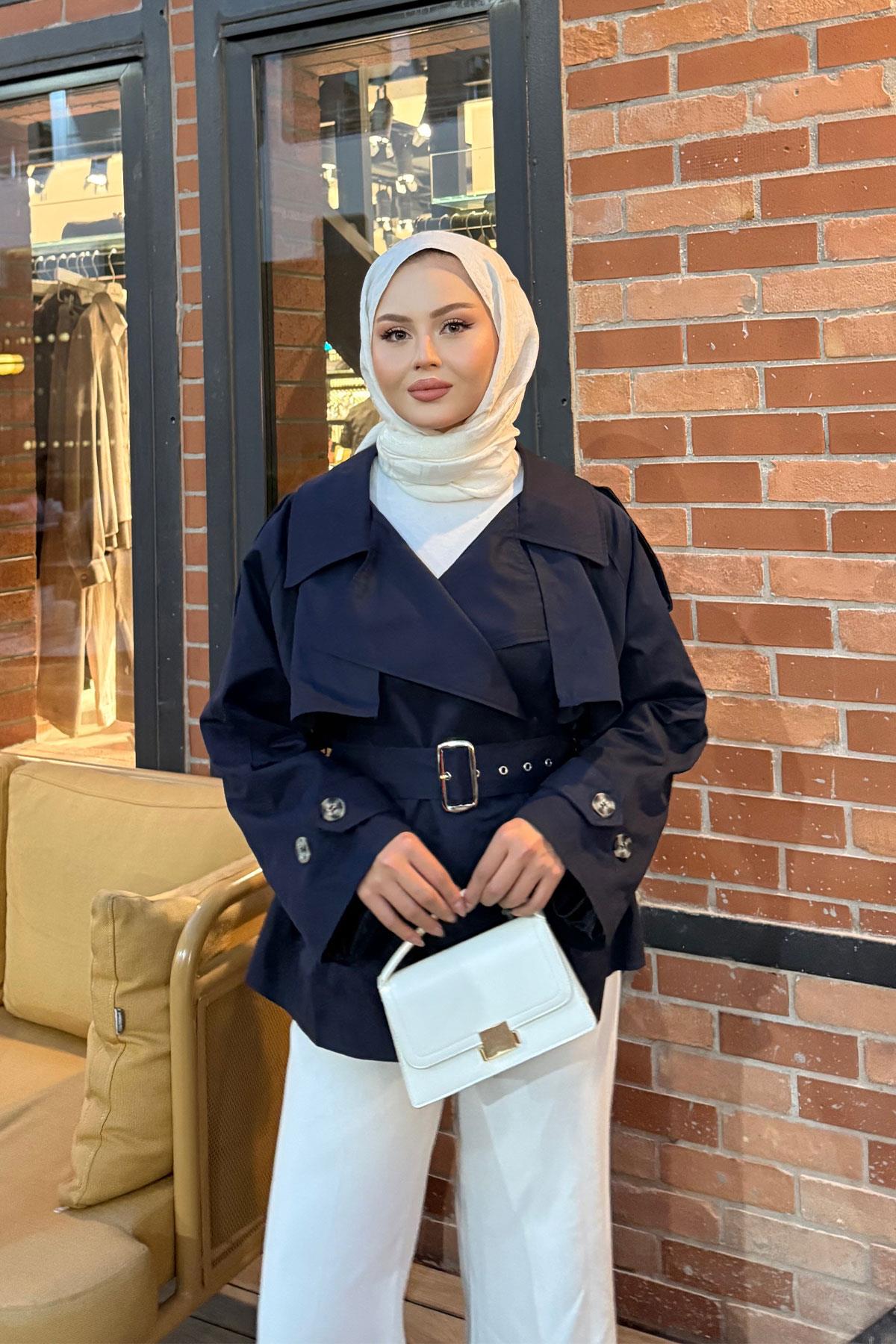 Kemer Detay Kısa Trenç Lacivert