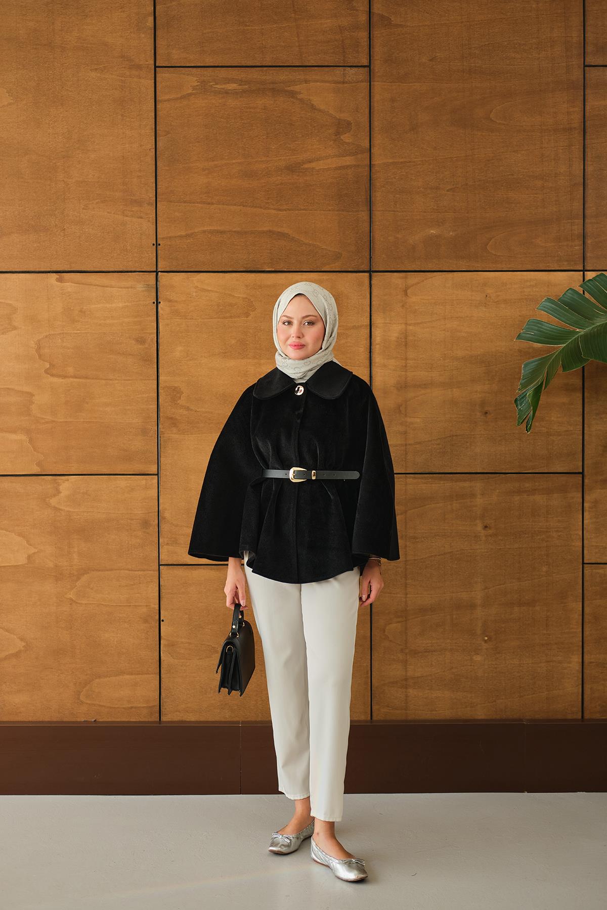 Kemerli Peluş Hırka Siyah