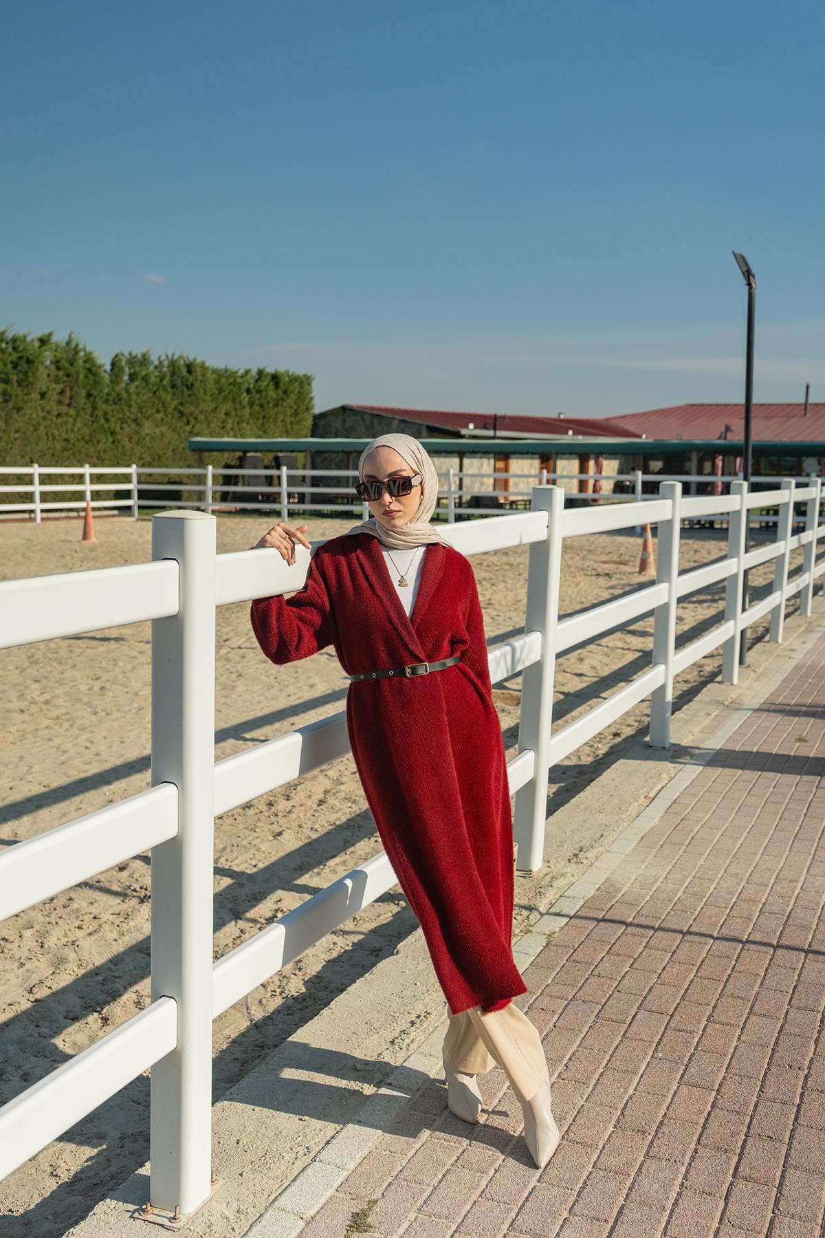 Kemerli Triko Ceket Bordo