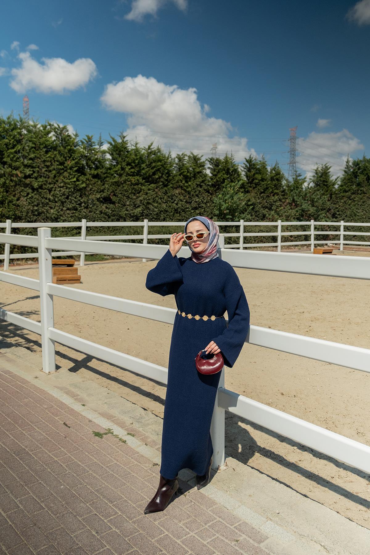 Kemerli Triko Elbise Lacivert