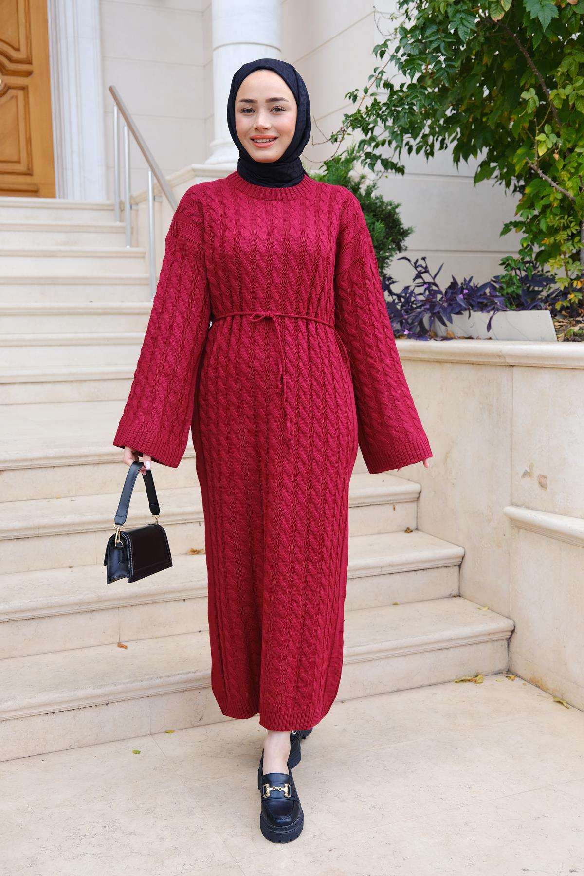 Kendinden Desenli Bel Bağlamalı Elbise Kırmızı