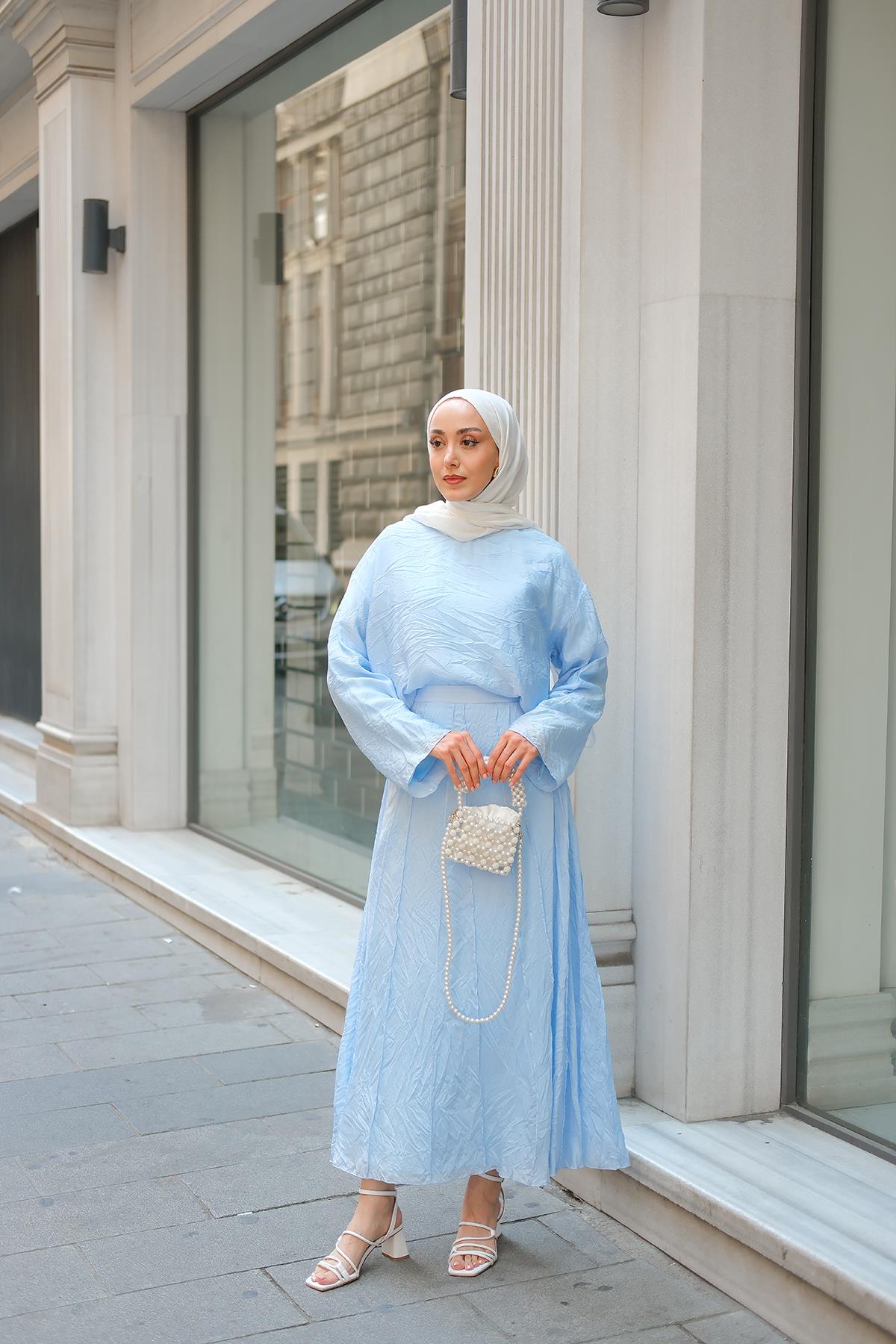 Kendinden Desenli İkili Takım Bebe Mavi