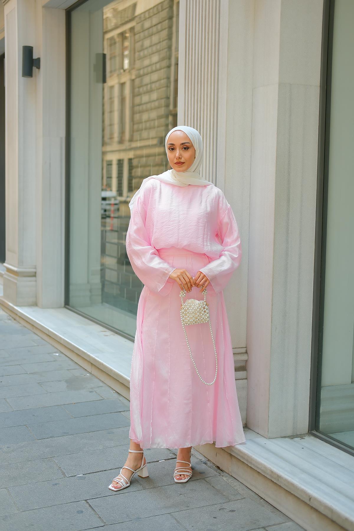 Kendinden Desenli İkili Takım Pembe