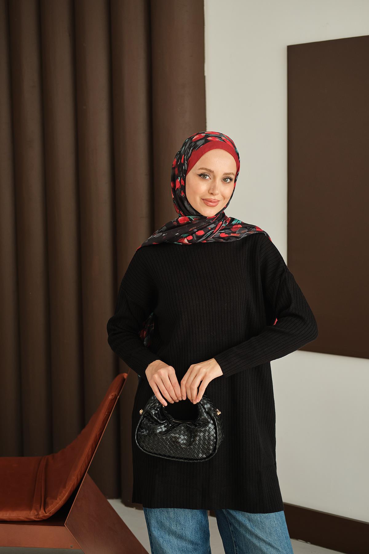 Kendinden Desenli Triko Tunik Siyah