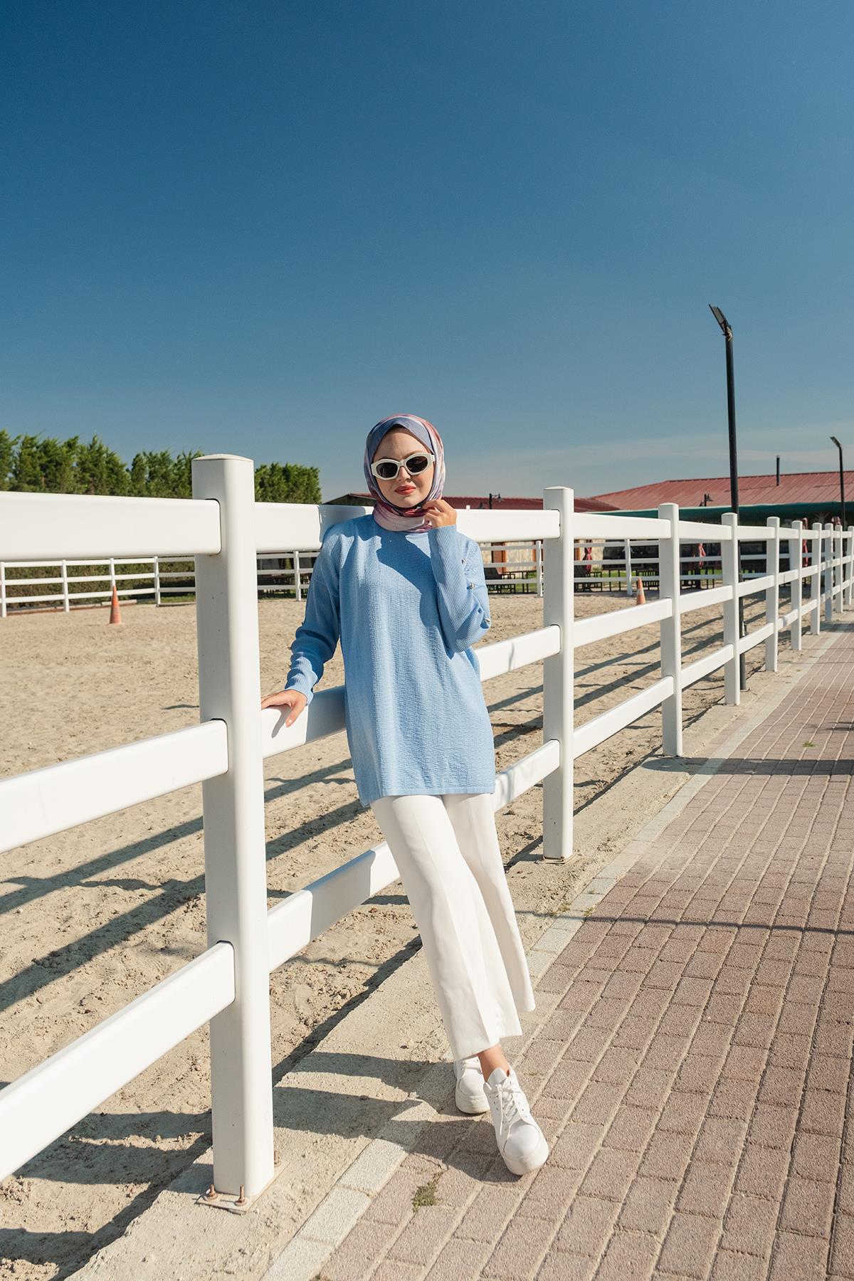 Kendinden Desenli Tunik Bebe Mavi