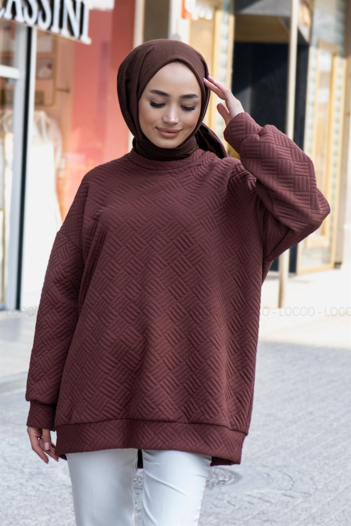Uygun Fiyatlı KENDINDEN DESENLI TUNIK KAHVERENGI | Loccomoda.com 