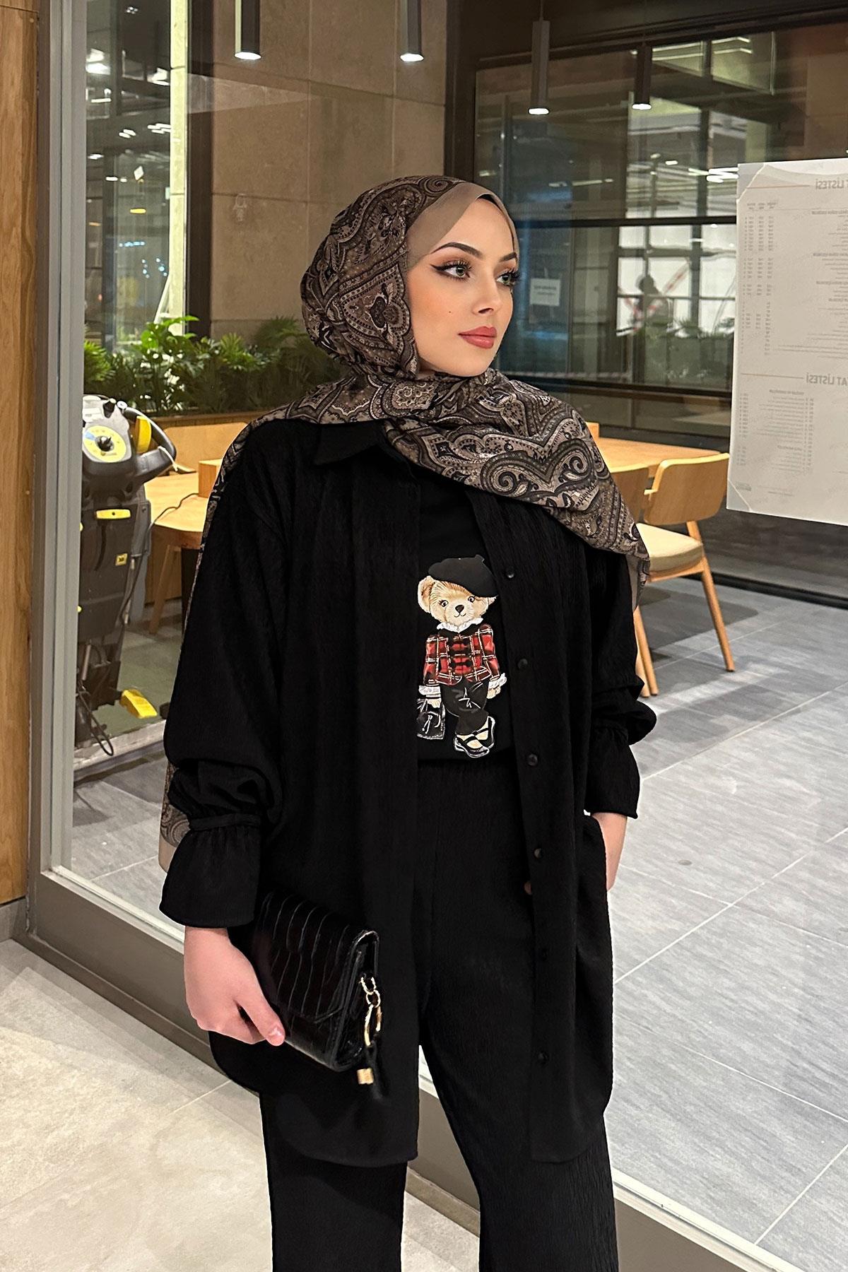 Kız Ayıcık Baskılı Basic Kısa Kollu İçlik Siyah