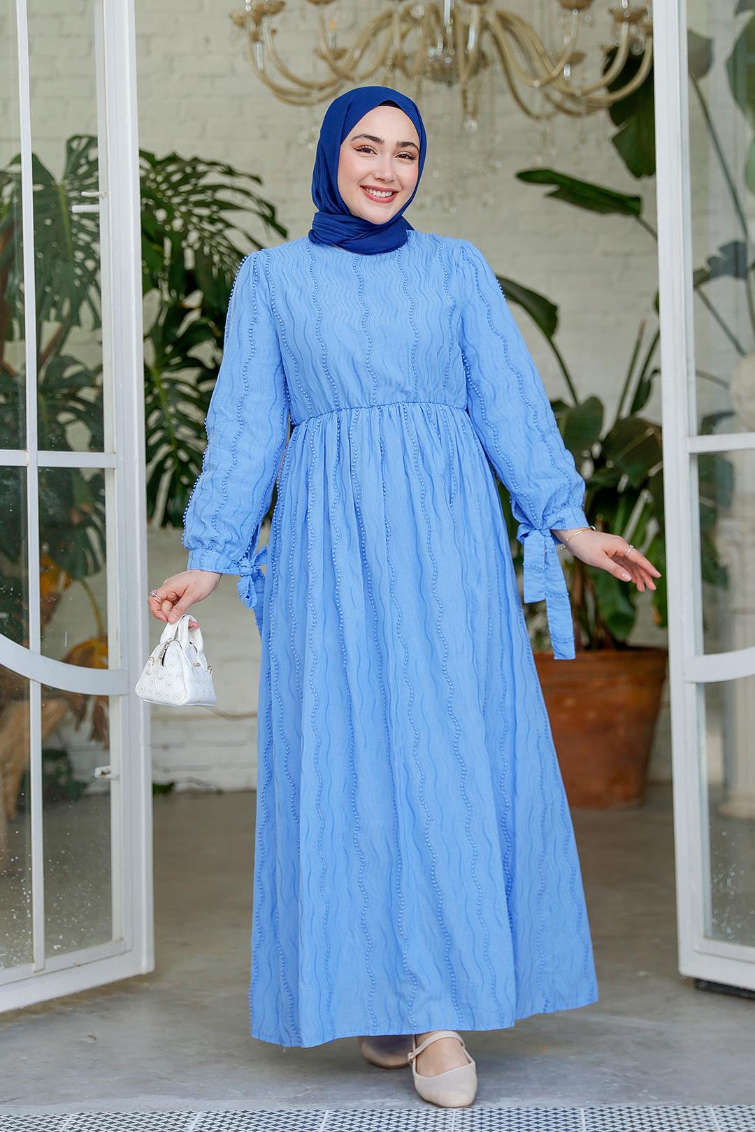 Kol Bağlamalı Jakar Elbise Mavi