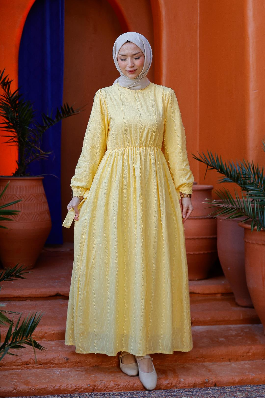 Kol Bağlamalı Jakar Elbise Sarı