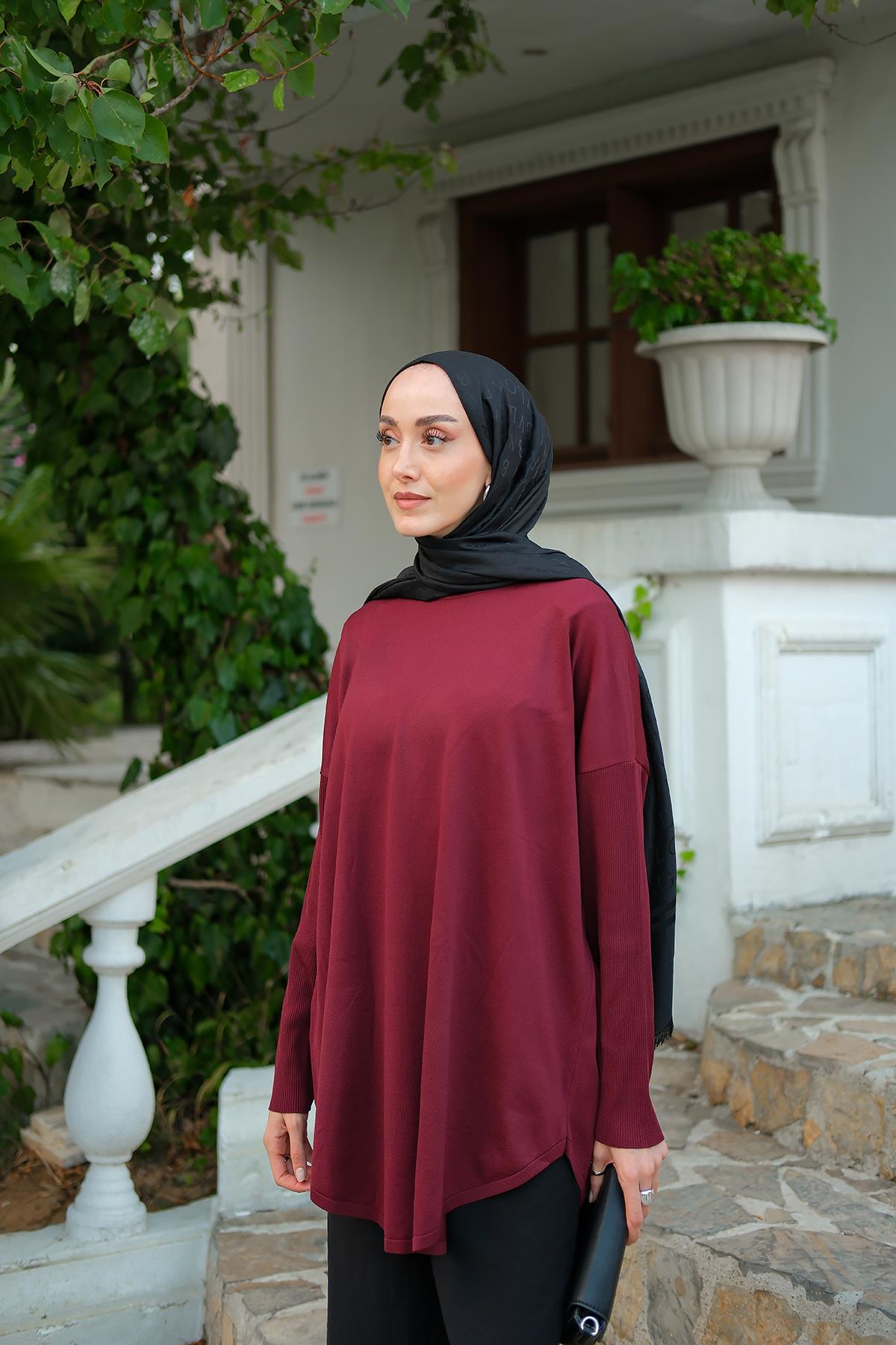 Kol Lastik Detay Tunik Bordo