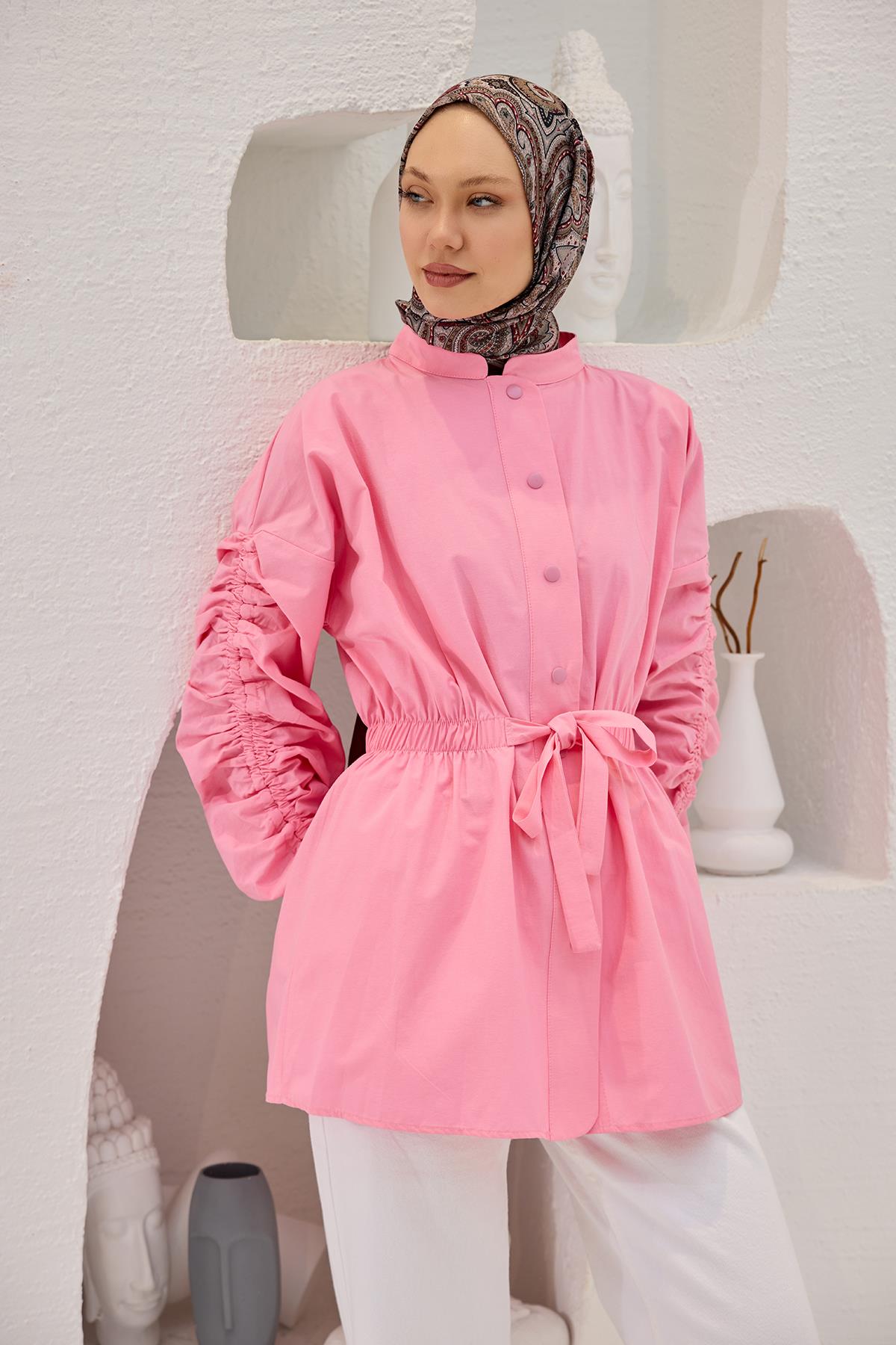 Kol Ve Bel Büzgülü Çıt Çıt Detaylı Gömlek Pembe